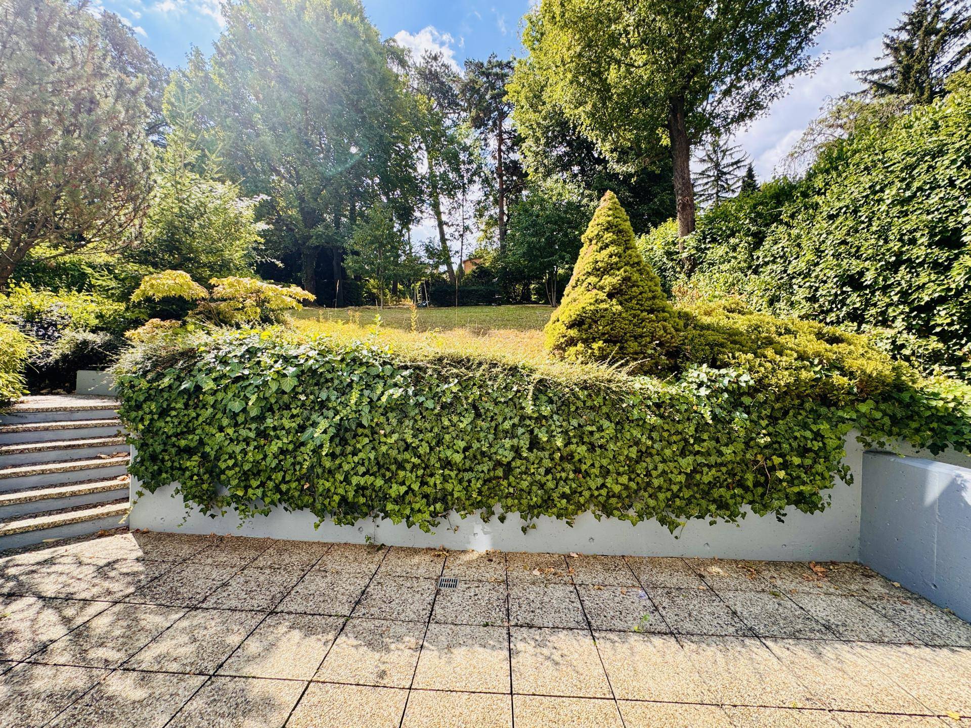 Gepflegter Gartenbereich mit üppiger Bepflanzung und Treppen, die zu weiteren Ebenen führen.