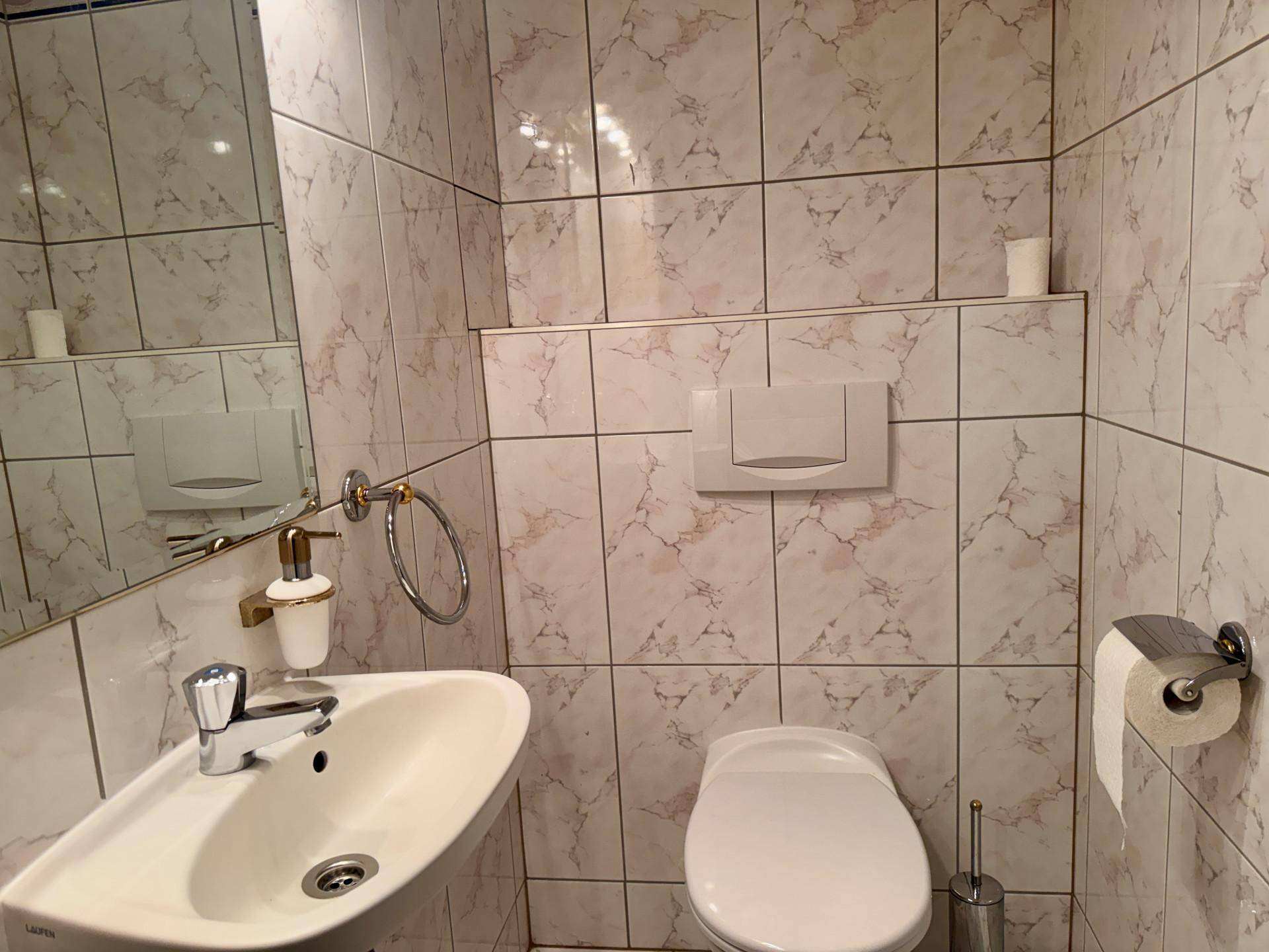 Kleines Gäste-WC mit Waschbecken und Wand-WC, komplett gefliest in hellem Marmor-Look.