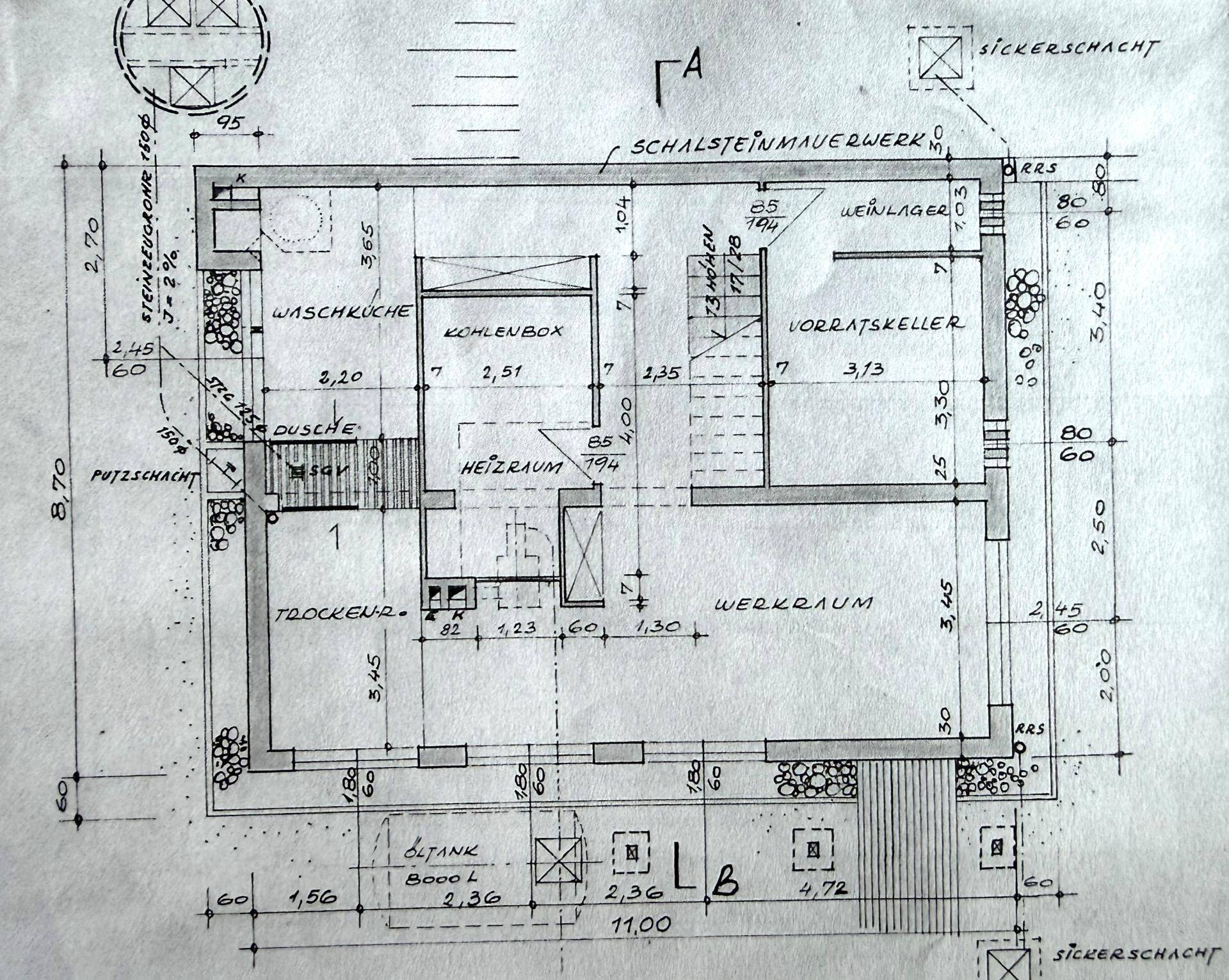 Grundriss des Kellers mit Waschküche, Heizraum, Werkraum und Vorratskeller.