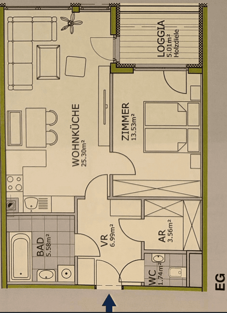 Grundriss einer Wohnung mit offener Wohnküche, einem Zimmer, Bad, WC und Loggia.