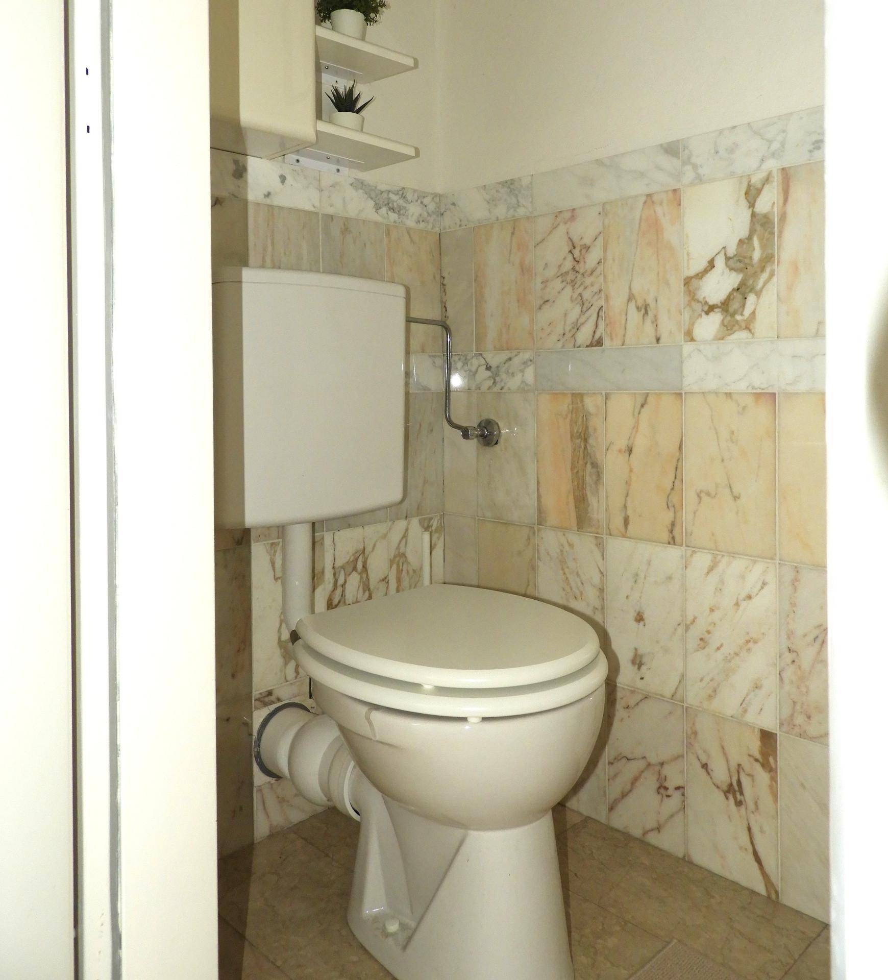 Kleines WC mit gefliesten Wänden in Marmoroptik und einfacher Toilette.