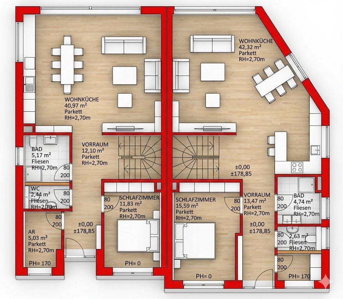 Detaillierter Grundriss mit Raummaßen und Bezeichnungen für zwei separate Wohneinheiten.