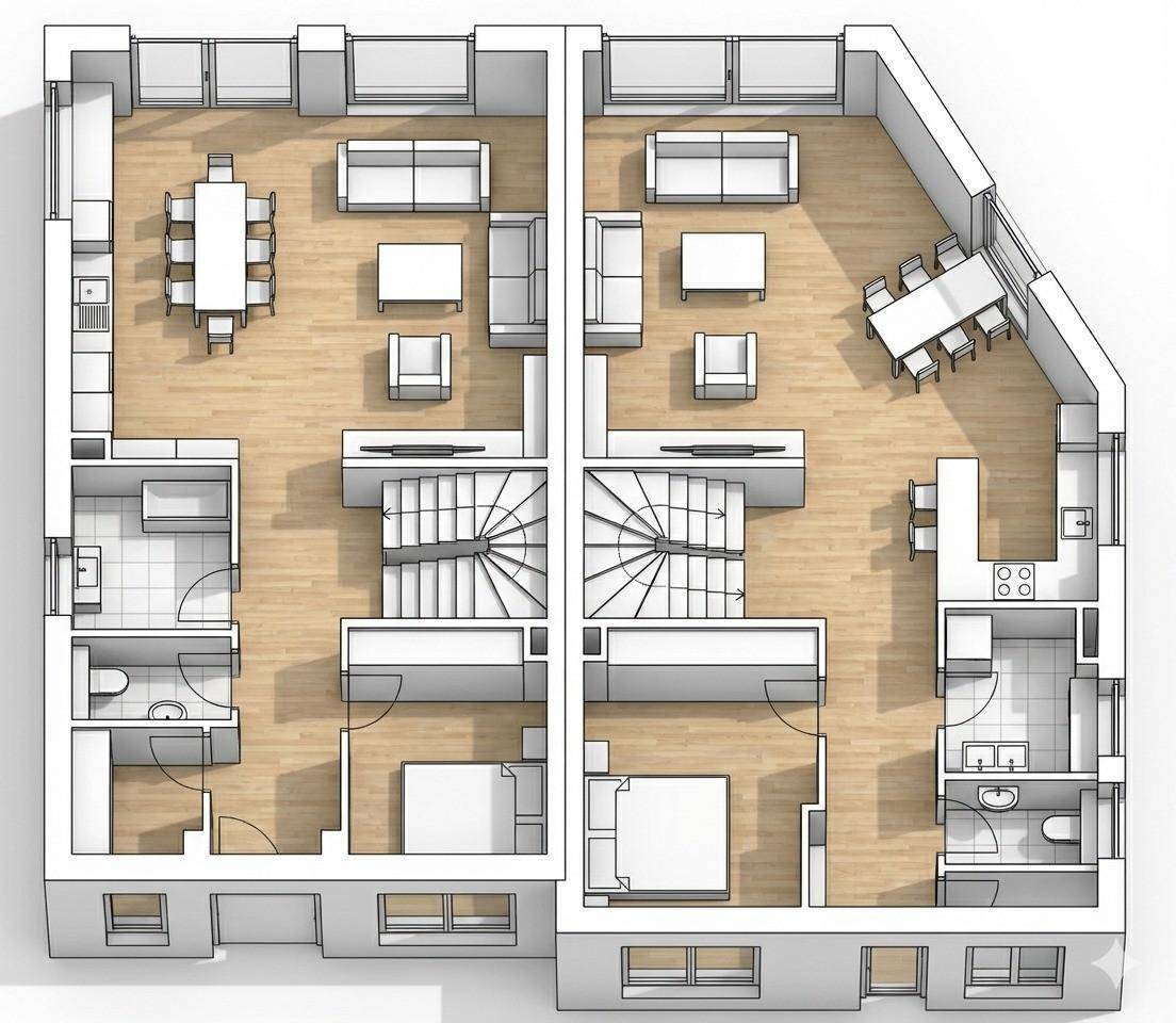 Grundriss für zwei Wohneinheiten mit offenem Wohnbereich, Schlafzimmern und Bädern.
