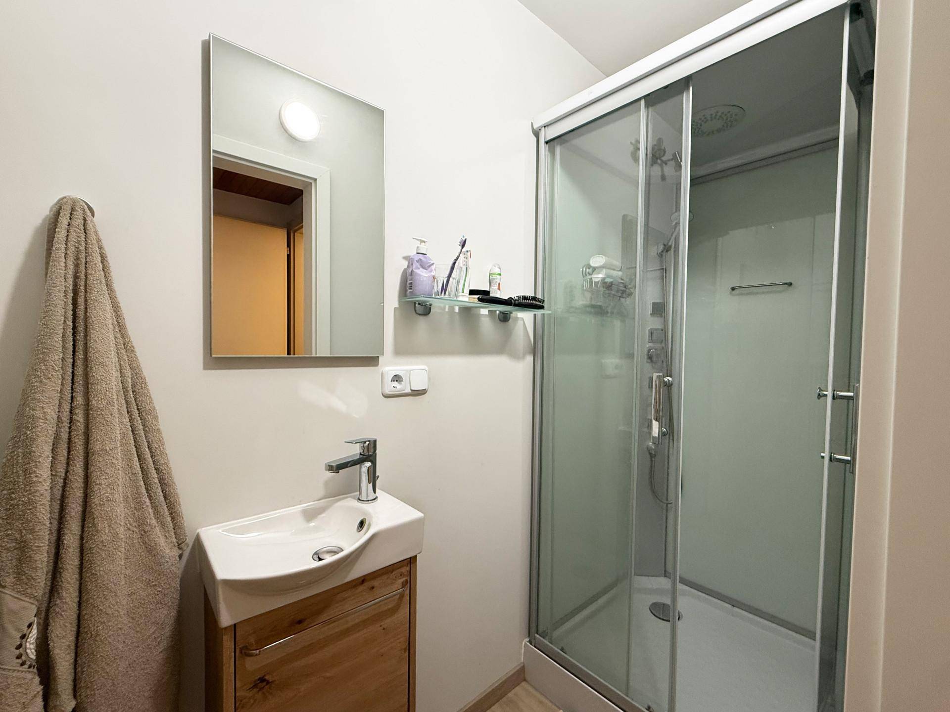 Kleines Badezimmer mit Duschkabine, Einzelwaschbecken und modernem Spiegel.
