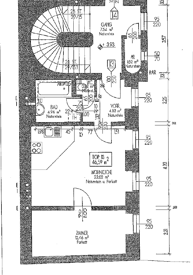 Grundriss einer Wohnung mit Wohnküche, Zimmer, Bad und WC, inklusive Treppenhaus.