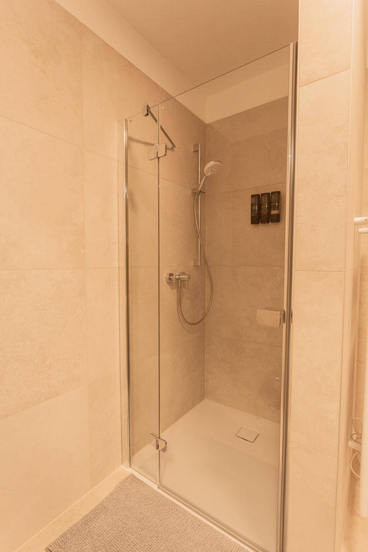 Geräumige Duschkabine mit Glasabtrennung und modernen Armaturen in einem gefliesten Badezimmer.