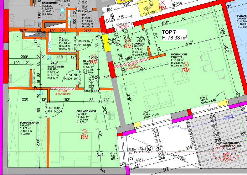 Detaillierter Grundriss der Wohnung Top 7 mit 78,38 m² Wohnfläche.