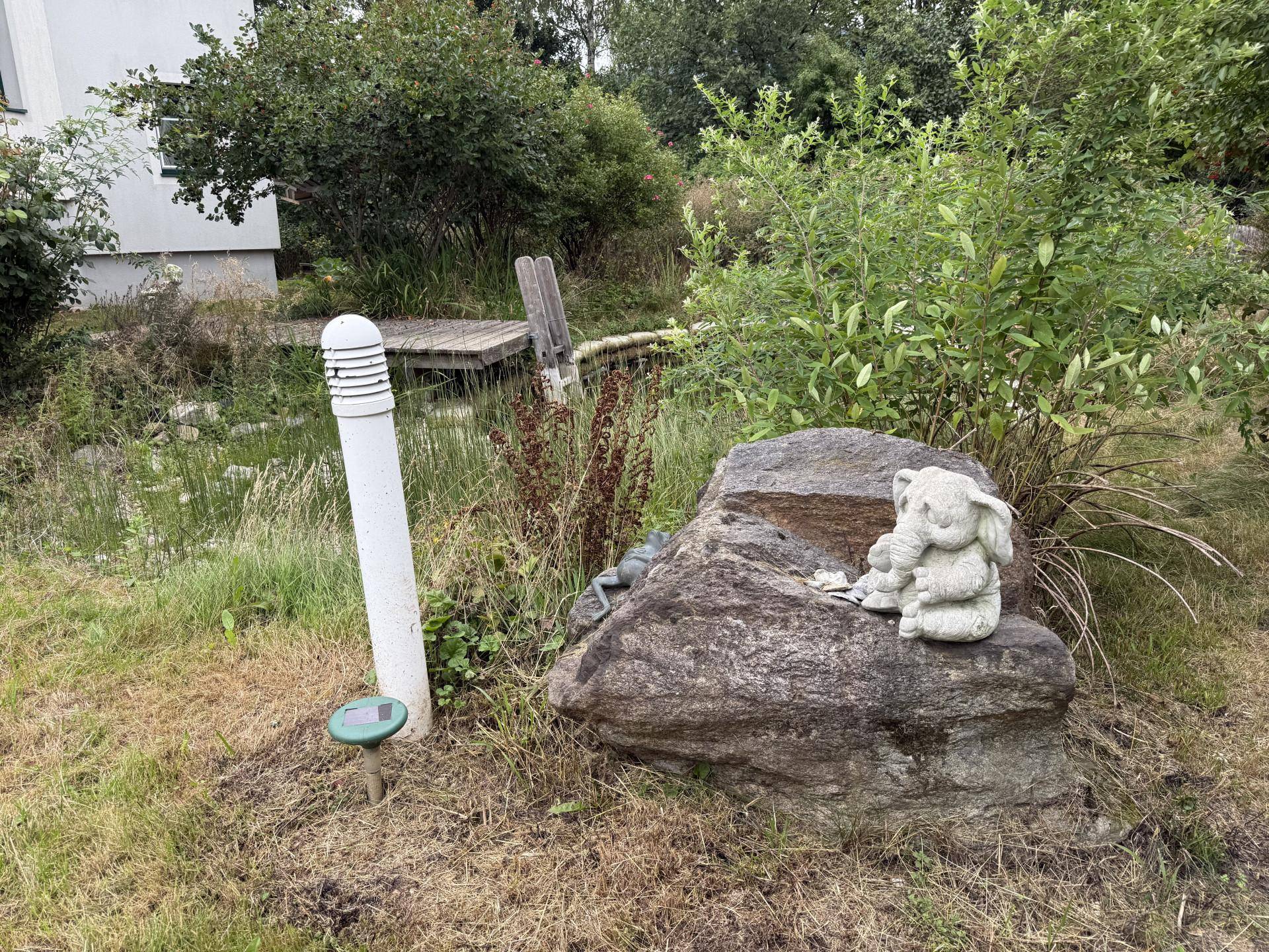 Detailansicht eines Gartens mit einem großen Felsen, einer Elefantenstatue und Pflanzen.
