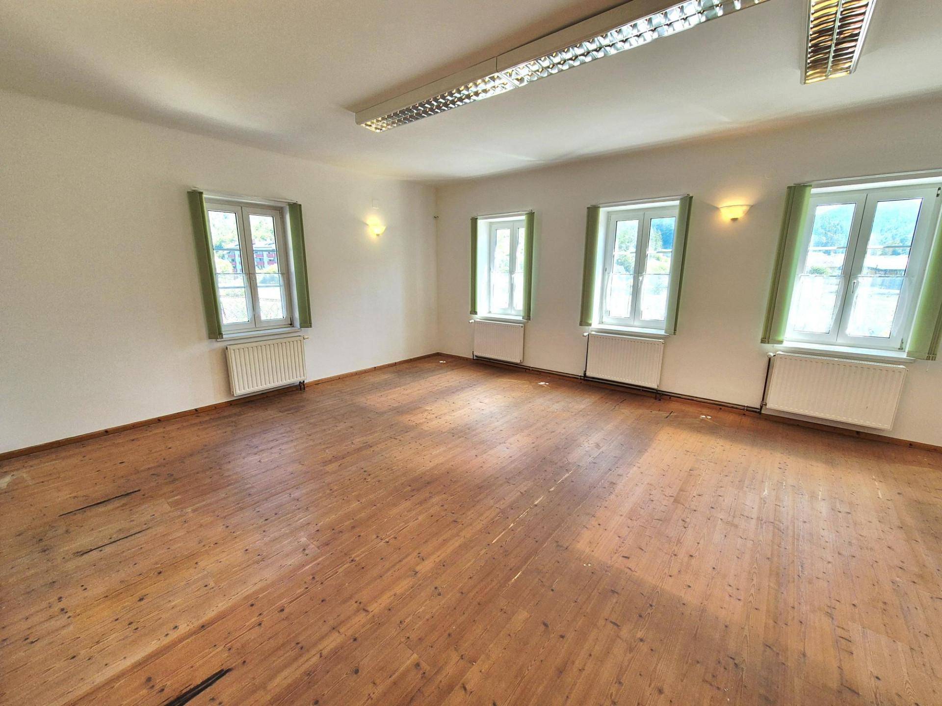 Geräumiger leerer Raum mit Holzdielenboden und mehreren Fenstern, ideal für Wohn- oder Arbeitszwecke.