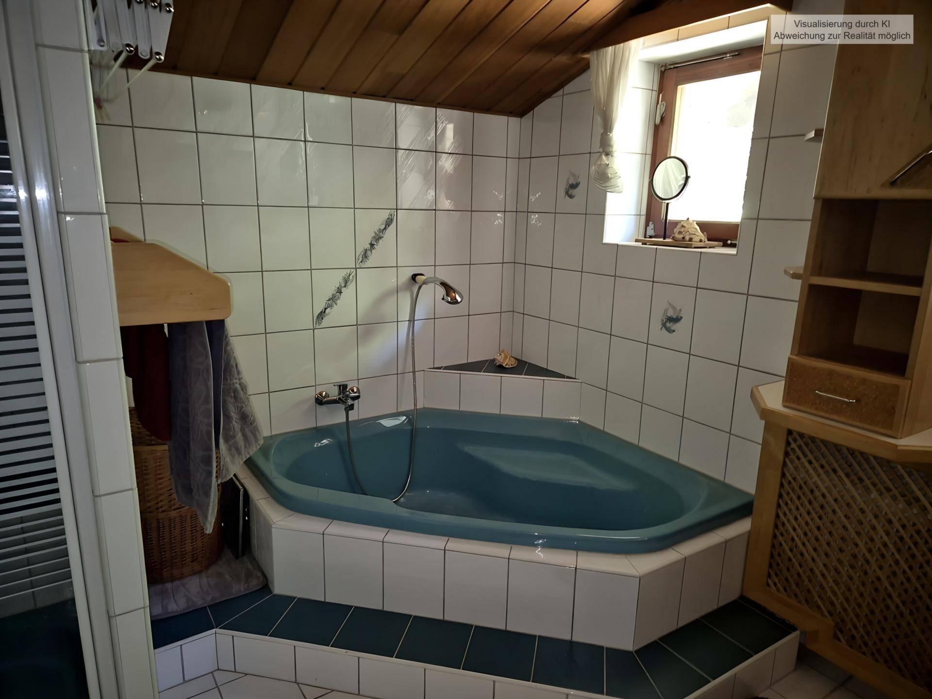 Badezimmer mit Eckbadewanne, weißen Fliesen und Holzdecke, die Wärme ausstrahlt.