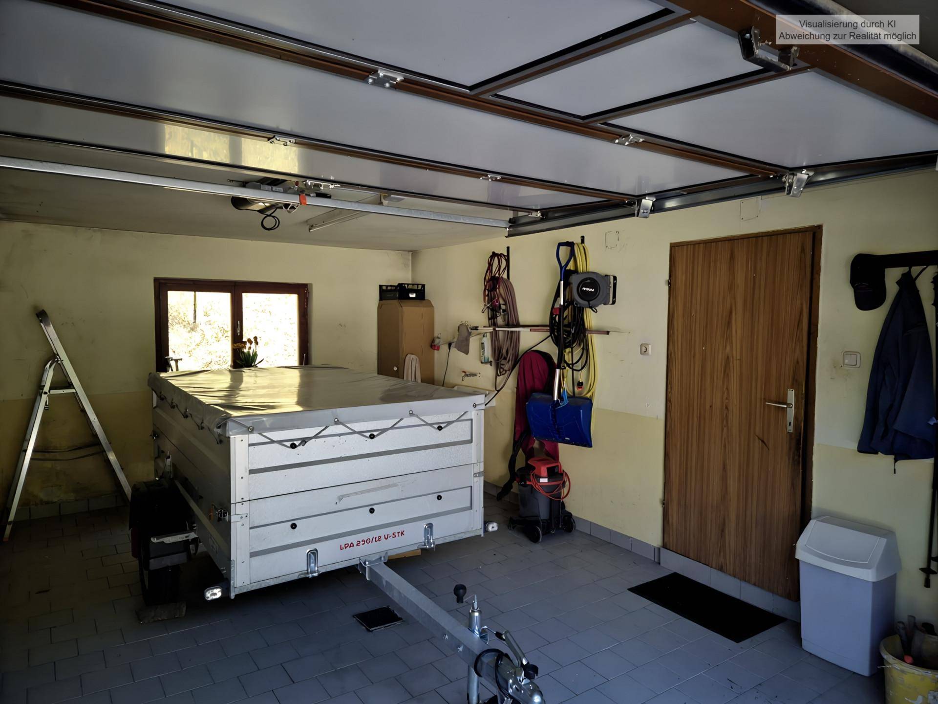 Geräumige Garage mit einem Anhänger, Fenster und Stauraum für Werkzeuge und Ausrüstung.