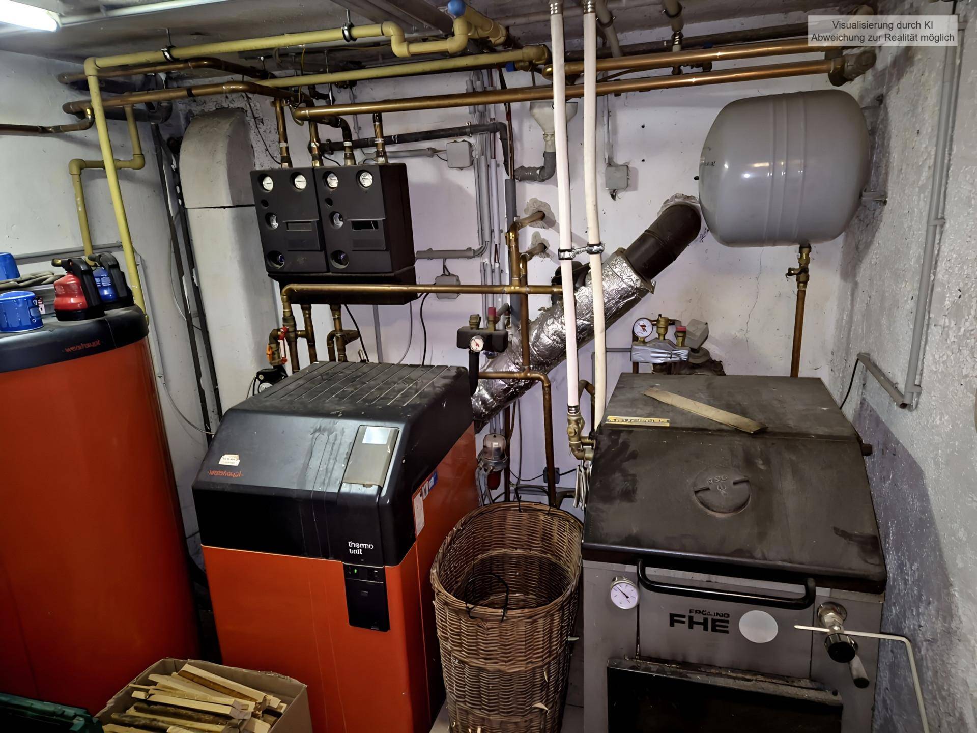 Heizungsraum im Keller mit zwei Heizkesseln, Warmwasserspeicher und sichtbaren Rohrleitungen.