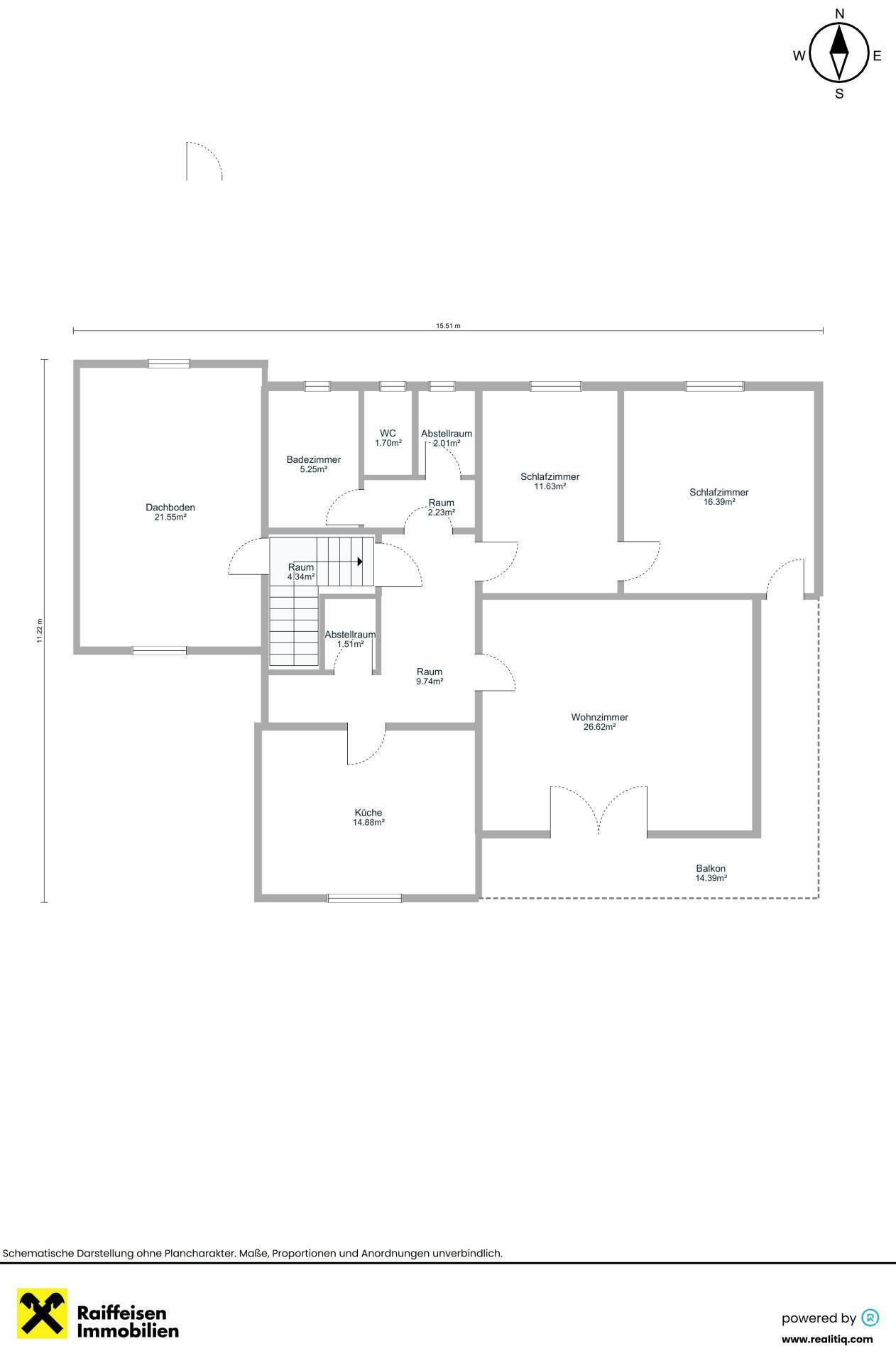 Grundriss des Obergeschosses mit Schlafzimmern, Bad, Küche, Wohnzimmer und einem Balkon.
