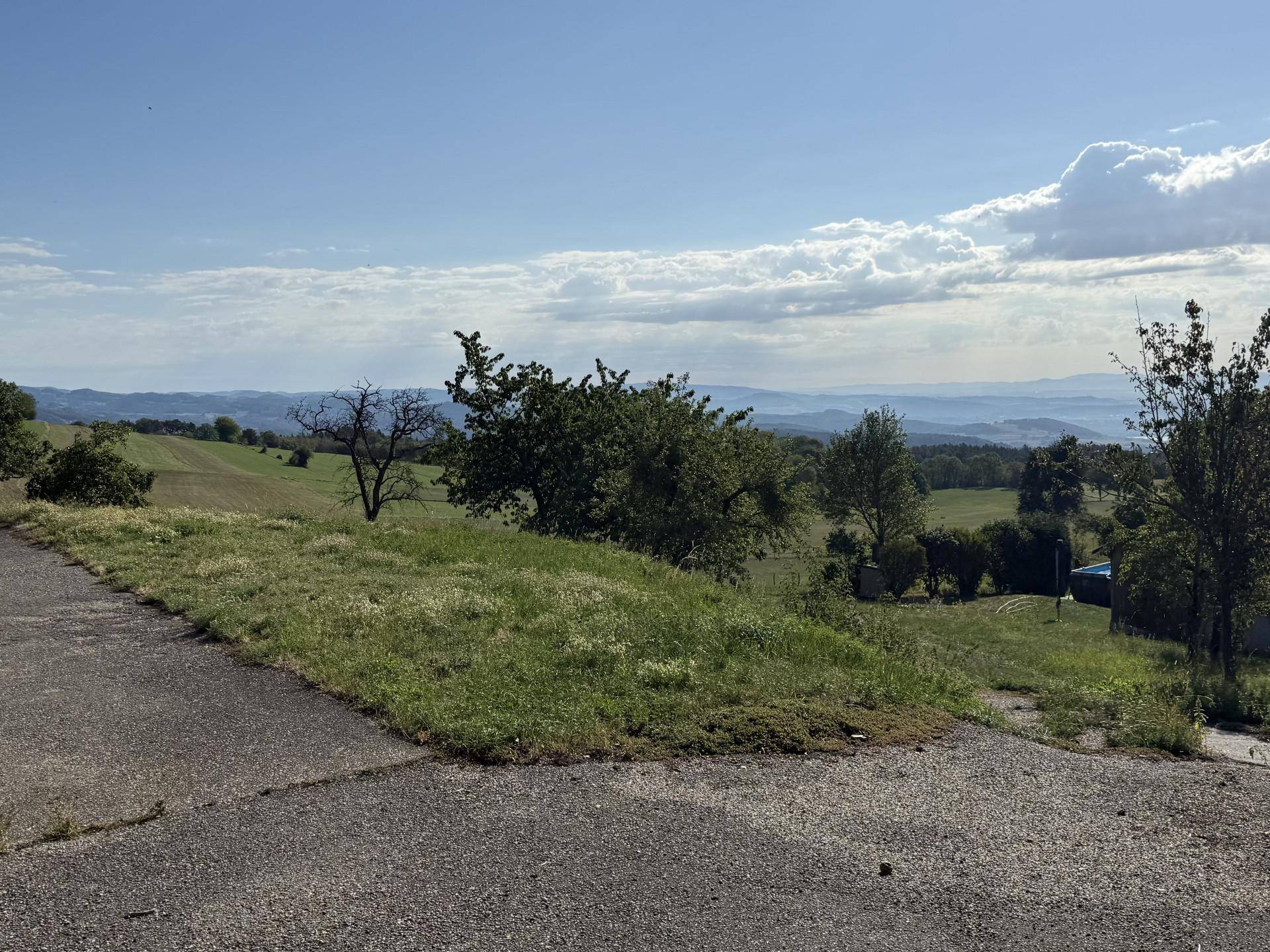 Weitläufige Aussicht auf die grüne Hügellandschaft mit Feldern und Bäumen unter blauem Himmel.