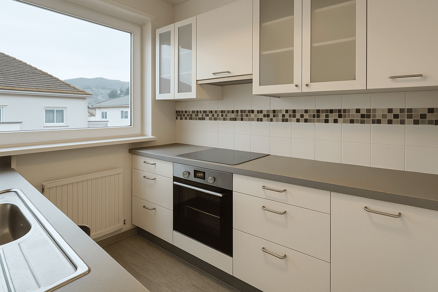 Moderne Einbauküche mit weißen Schränken, grauen Arbeitsplatten und Blick auf die umliegende Landschaft.