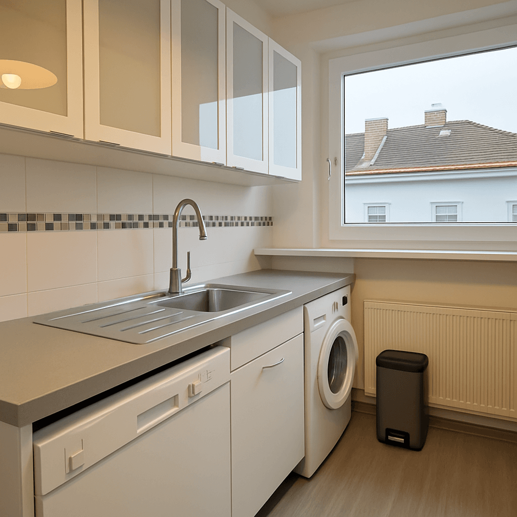 Detailansicht der Küchenzeile mit Spüle, Geschirrspüler und Waschmaschine unter dem Fenster.
