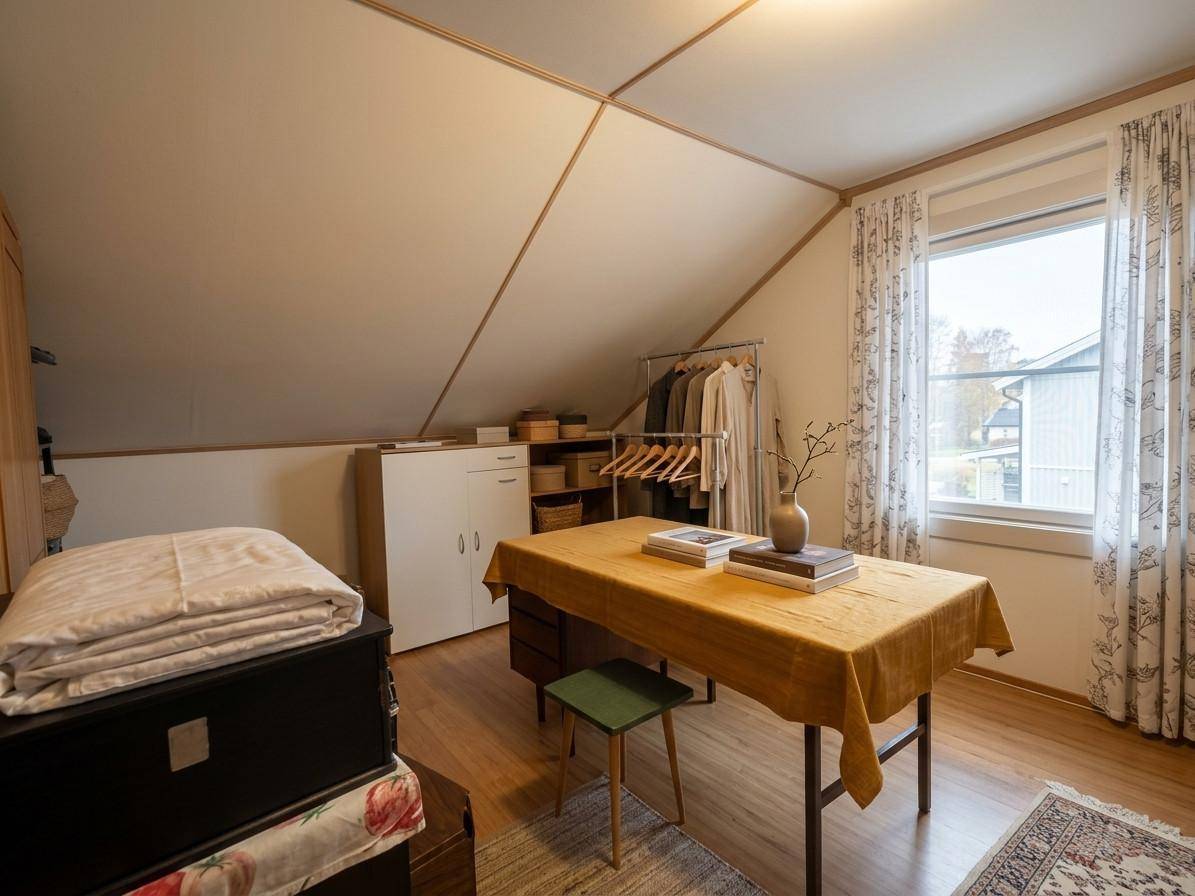 Dachgeschosszimmer mit Schreibtisch, Kleiderstange und schrägen Wänden, als Schlaf- oder Arbeitszimmer nutzbar.