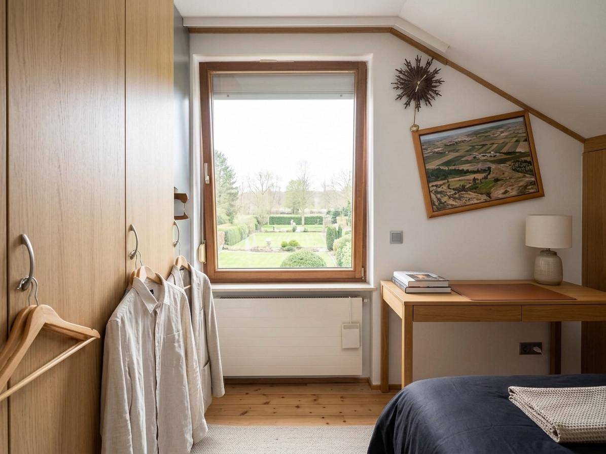 Helles Schlafzimmer mit Holzboden, Schrank und Fenster mit Blick auf den gepflegten Garten.