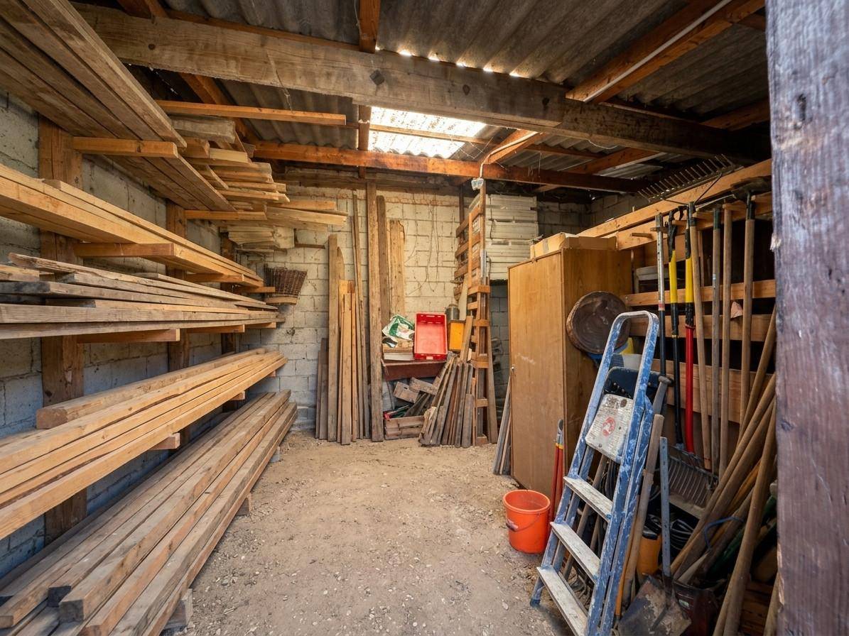 Rustikaler Abstellraum mit Holzregalen, Werkzeugen und offenem Dachstuhl für Lagerzwecke.