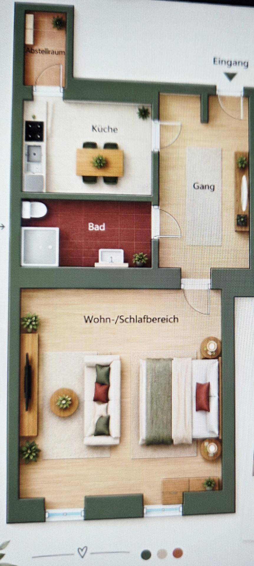 Detaillierter Grundriss einer Wohnung mit kombiniertem Wohn-/Schlafbereich, Küche und Bad.