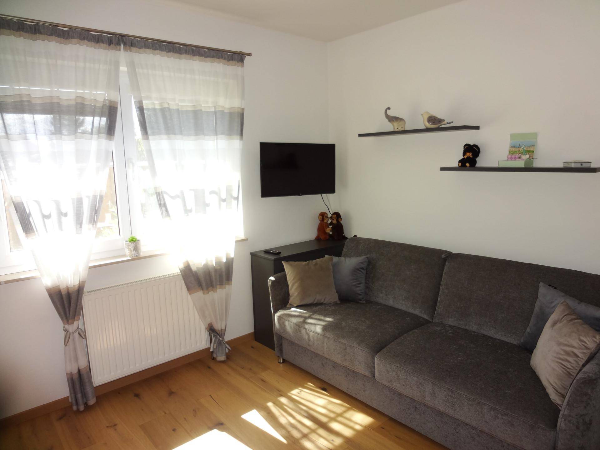 Helles Zimmer mit Sofa, Fernseher und Holzboden, ideal als Gäste- oder Arbeitszimmer.