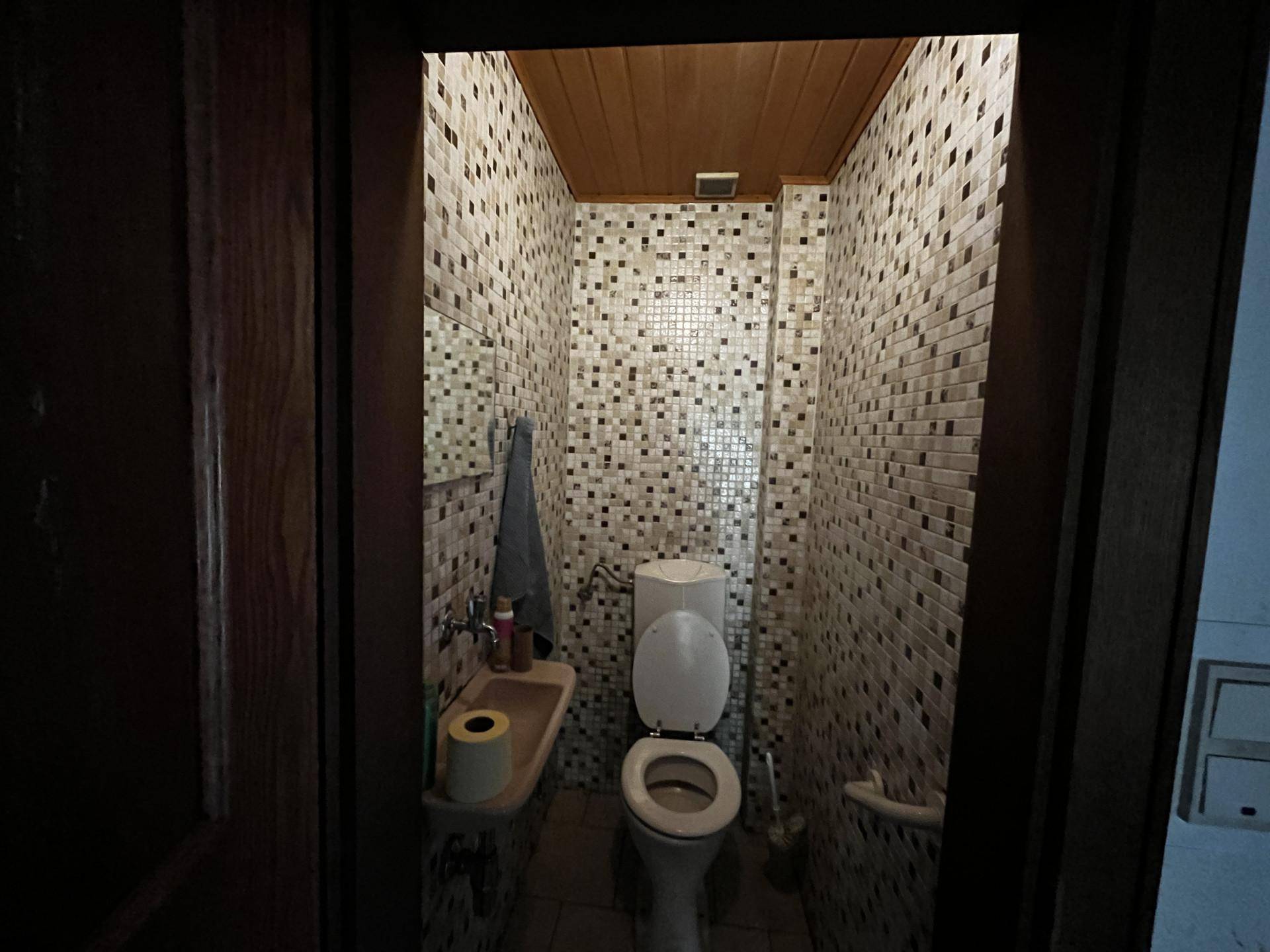 Kleines Gäste-WC mit Mosaikfliesen, Holzdecke und Wand-WC.