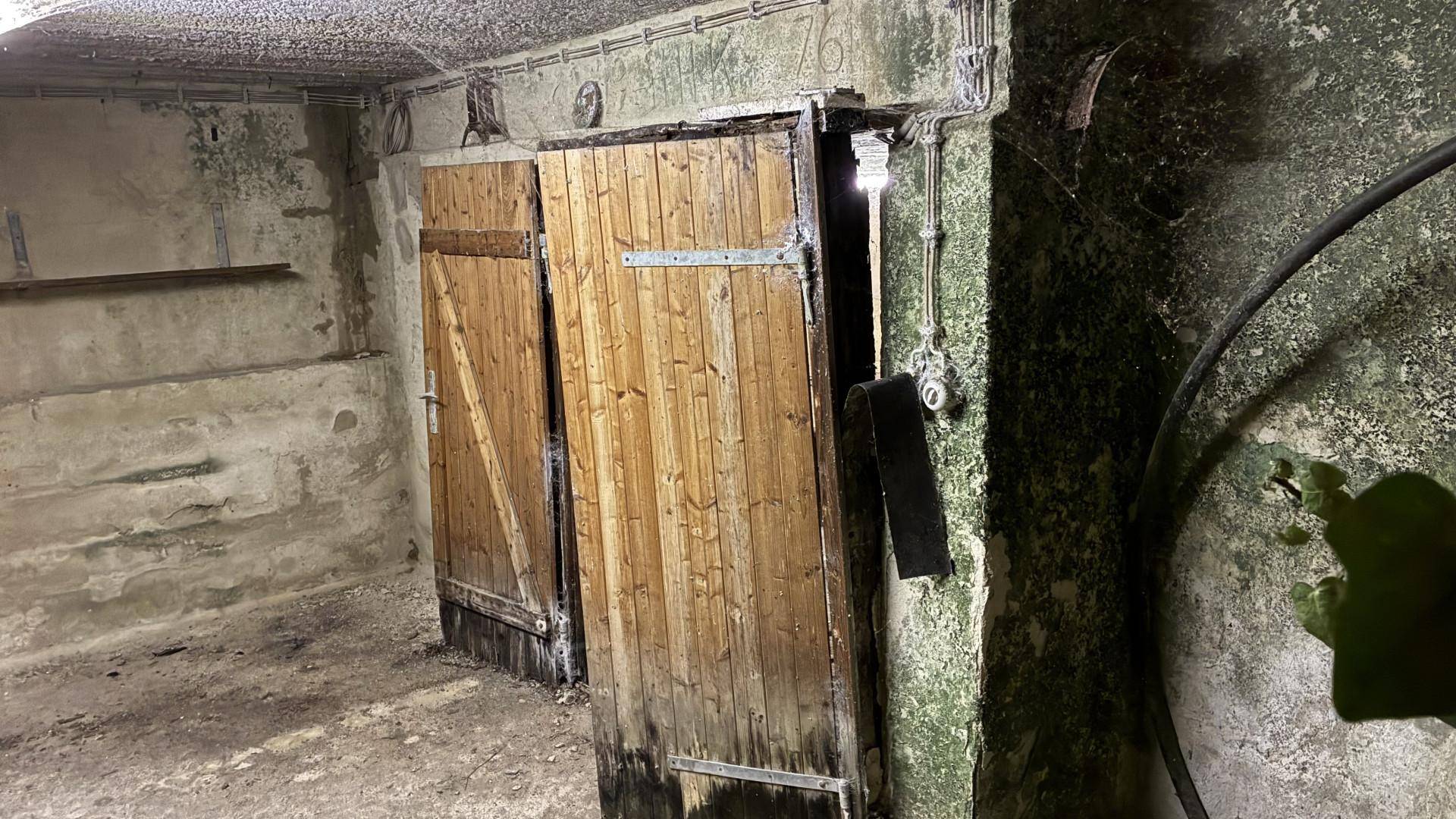 Alter Kellerraum mit rauen Wänden, Holztüren und sichtbaren elektrischen Installationen.