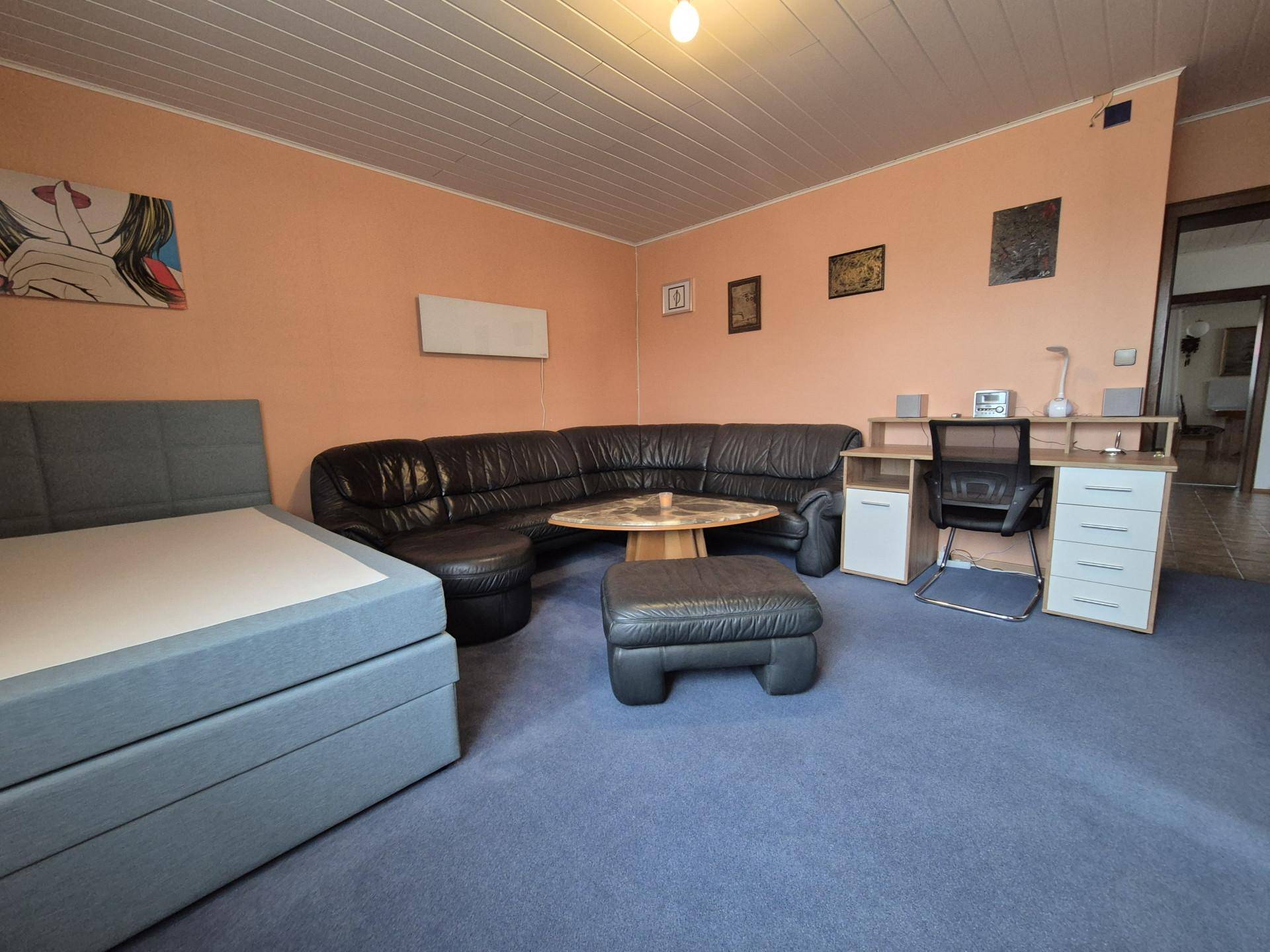 Gemütliches Wohnzimmer mit Teppichboden, großer Ledercouch und Schreibtischbereich.