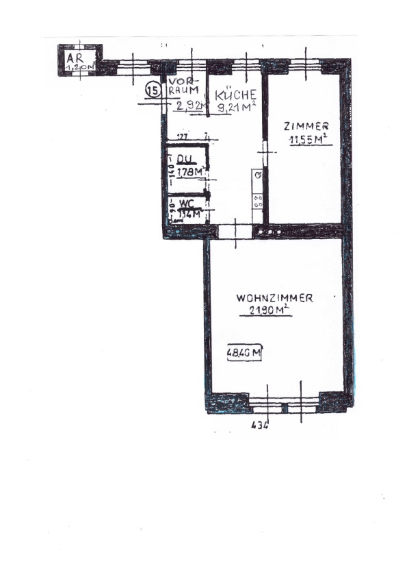 Handgezeichneter Grundriss mit Wohnzimmer, Küche und einem weiteren Zimmer.