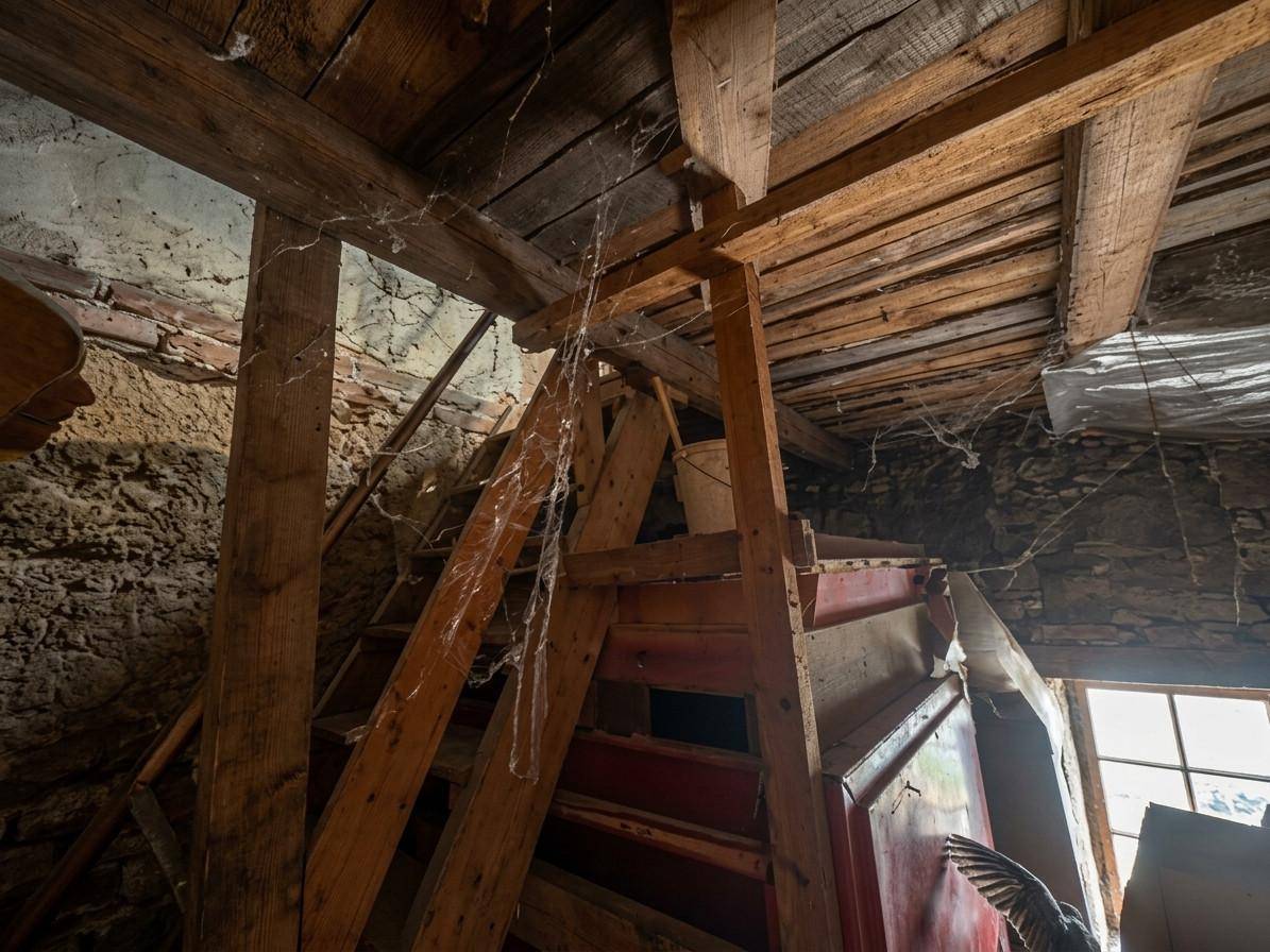 Alter Dachboden mit sichtbaren Holzbalken, Spinnweben und einer rustikalen Holztreppe.