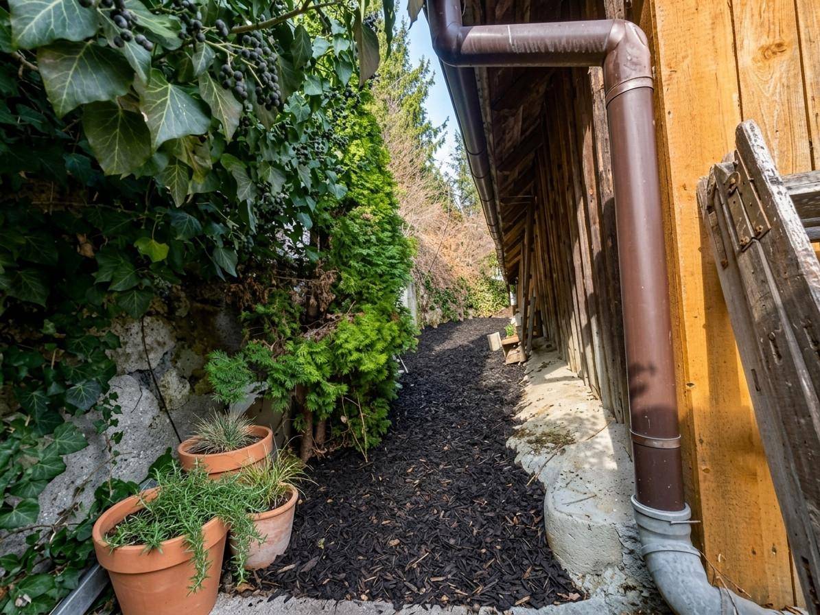 Schmaler Gartenweg mit Topfpflanzen und Efeu entlang einer Holzwand und einer Regenrinne.