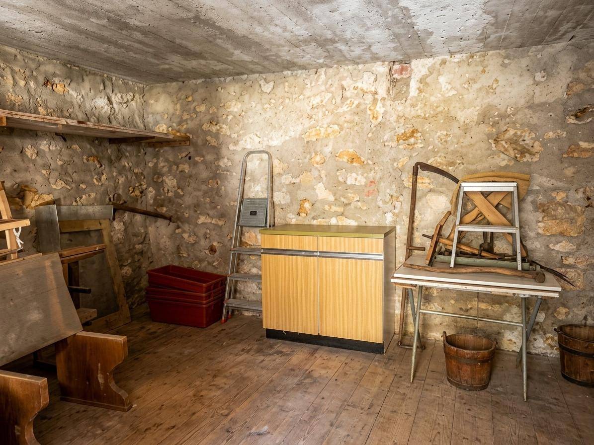 Rustikaler Kellerraum mit unverputzten Steinwänden, Holzboden und verschiedenen Werkzeugen.