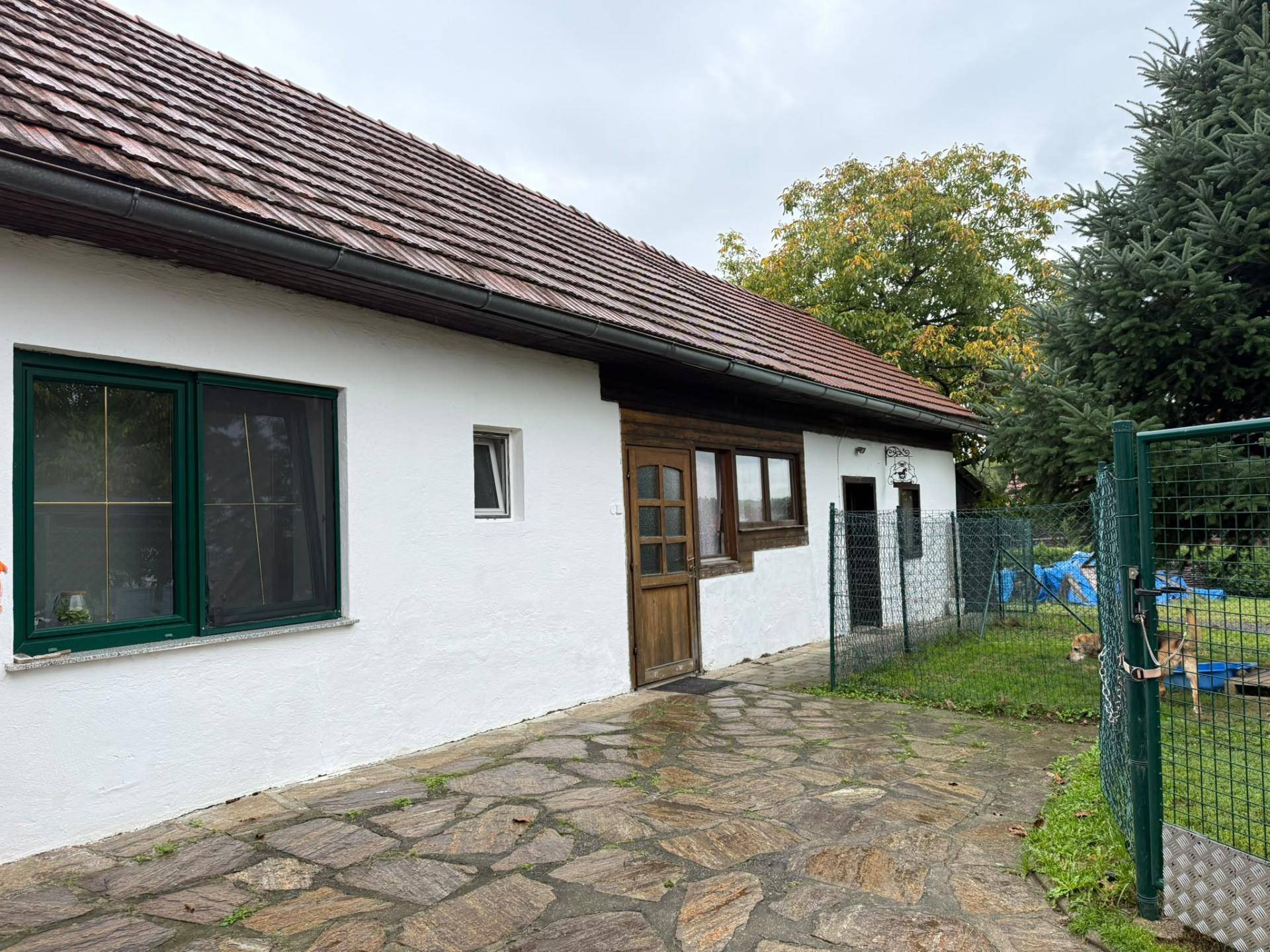 Fassade des Hauses mit weißem Putz, grünen Fenstern und Holztür, umgeben von einem Zaun und Bäumen.