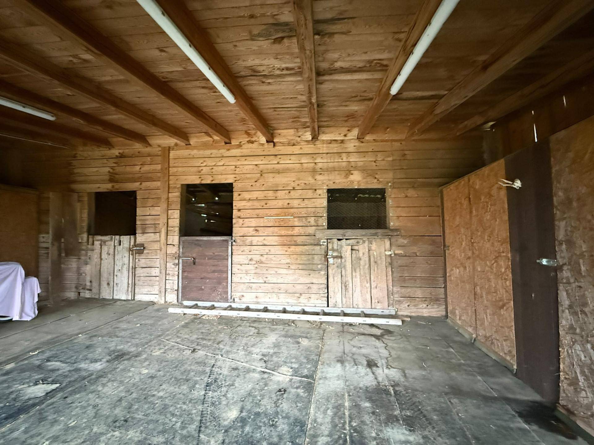 Rustikaler Innenraum eines Holzschuppens oder Stalls mit Holzwänden und -decken, in Originalzustand.