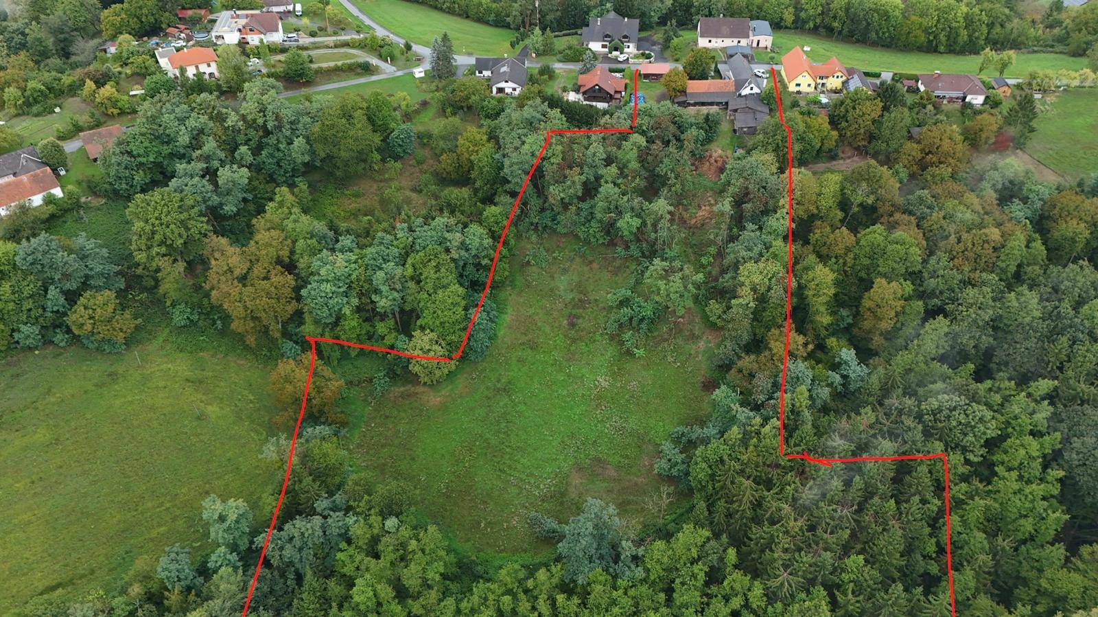 Luftaufnahme des weitläufigen Grundstücks mit Wald- und Wiesenflächen, umrandet von Bäumen und Natur.