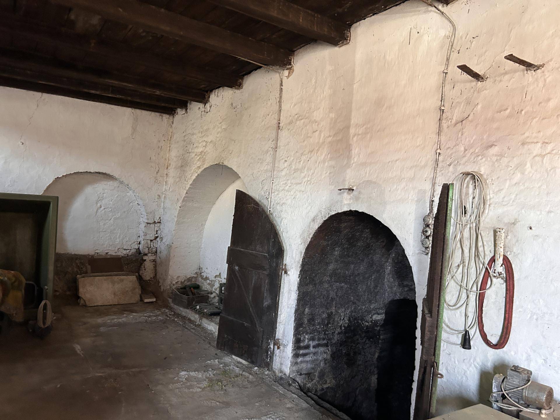 Rustikaler Kellerraum mit gewölbten Nischen, sichtbaren Holzbalken an der Decke und einer alten Holztür.