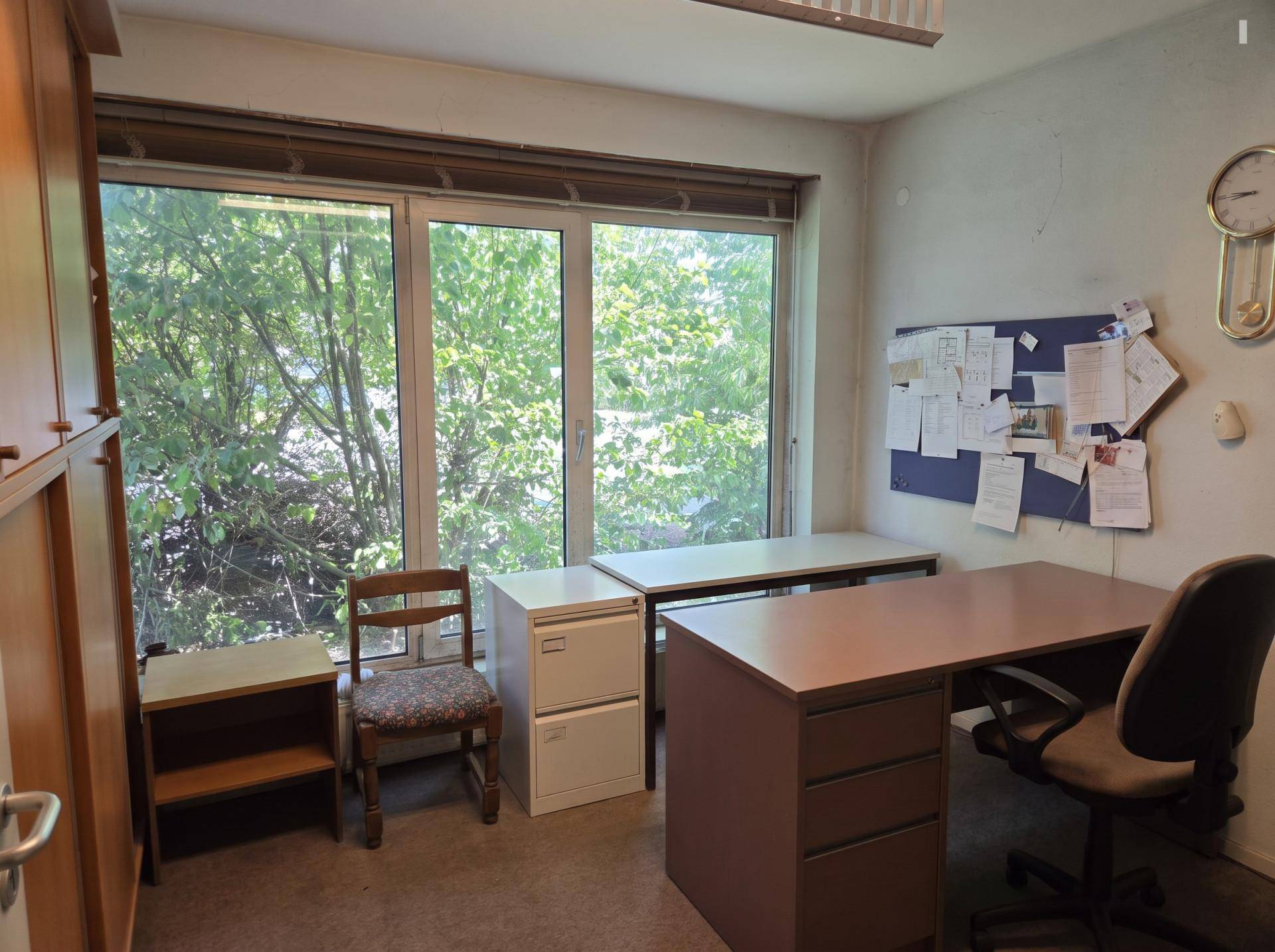 Helles Büro mit Schreibtisch, Bürostuhl und Blick ins Grüne durch das große Fenster.