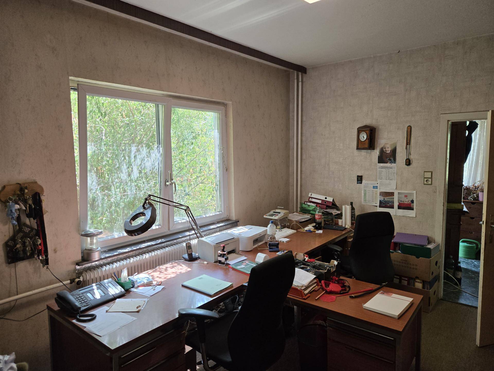 Arbeitsbereich in einem Büro mit Schreibtischen, Büromaterial und Fenster mit Grünblick.