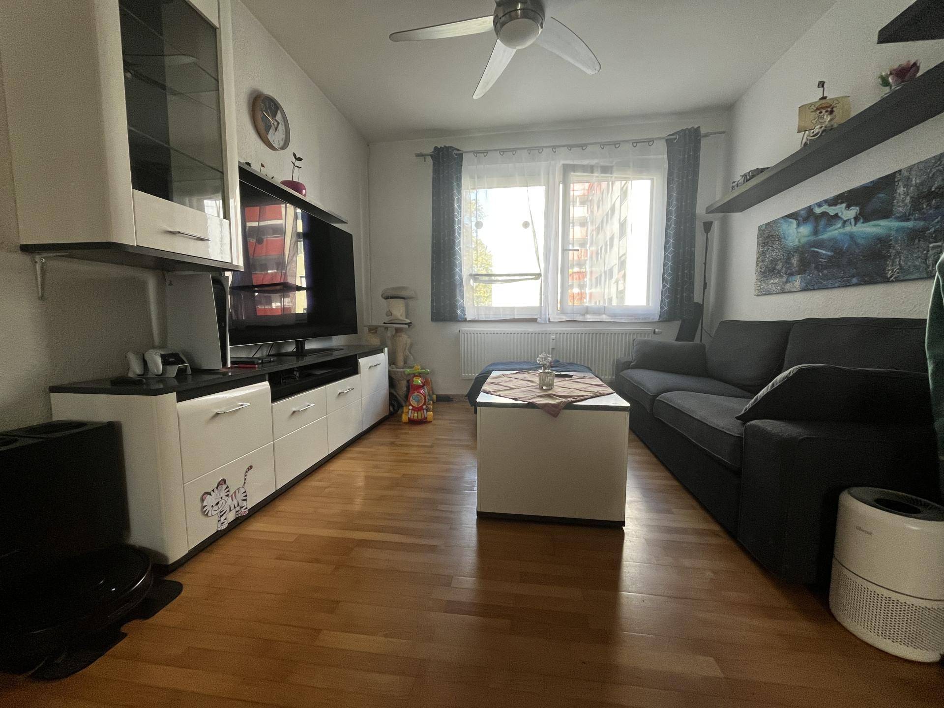 Wohnzimmer mit Holzboden, Sofa, TV-Möbel und Deckenventilator.