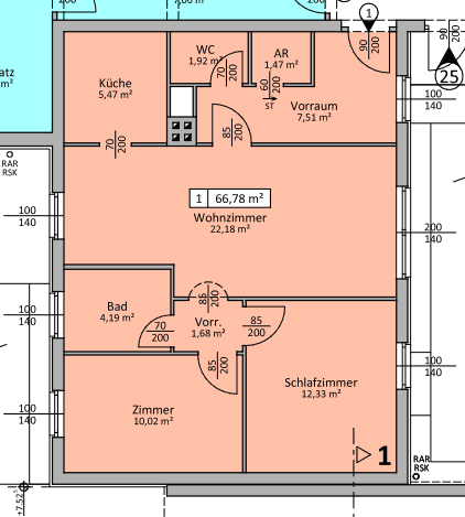 Grundriss einer Wohnung mit Wohnzimmer, Schlafzimmer, Zimmer, Bad und separatem WC.