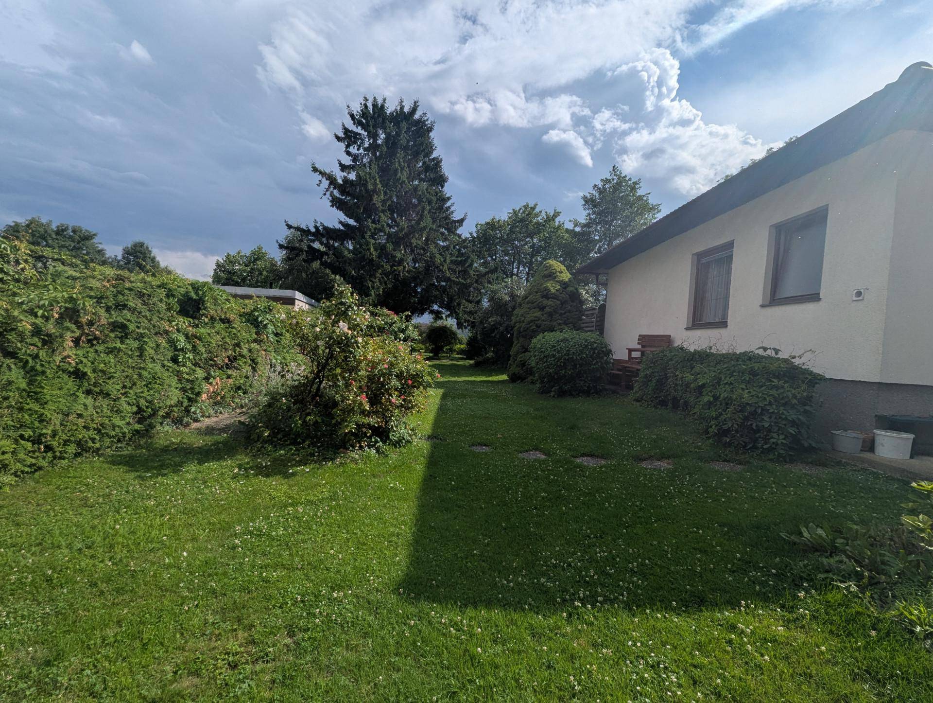 Seitlicher Blick auf das Haus mit weitläufigem Garten, Rasenfläche und hohen Bäumen unter bewölktem Himmel.