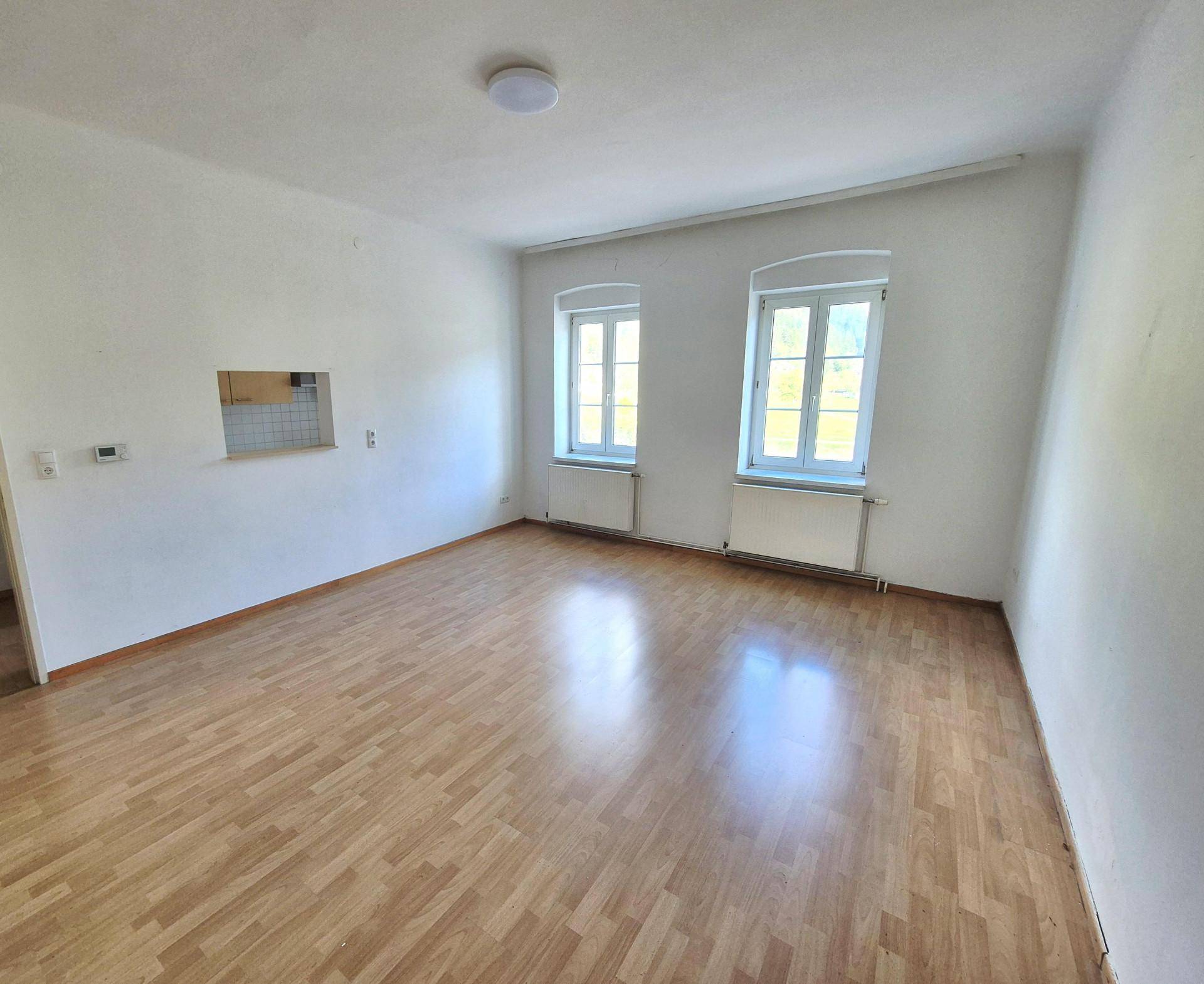 Helles Wohnzimmer mit Laminatboden, zwei Fenstern und Durchreiche zur Küche.