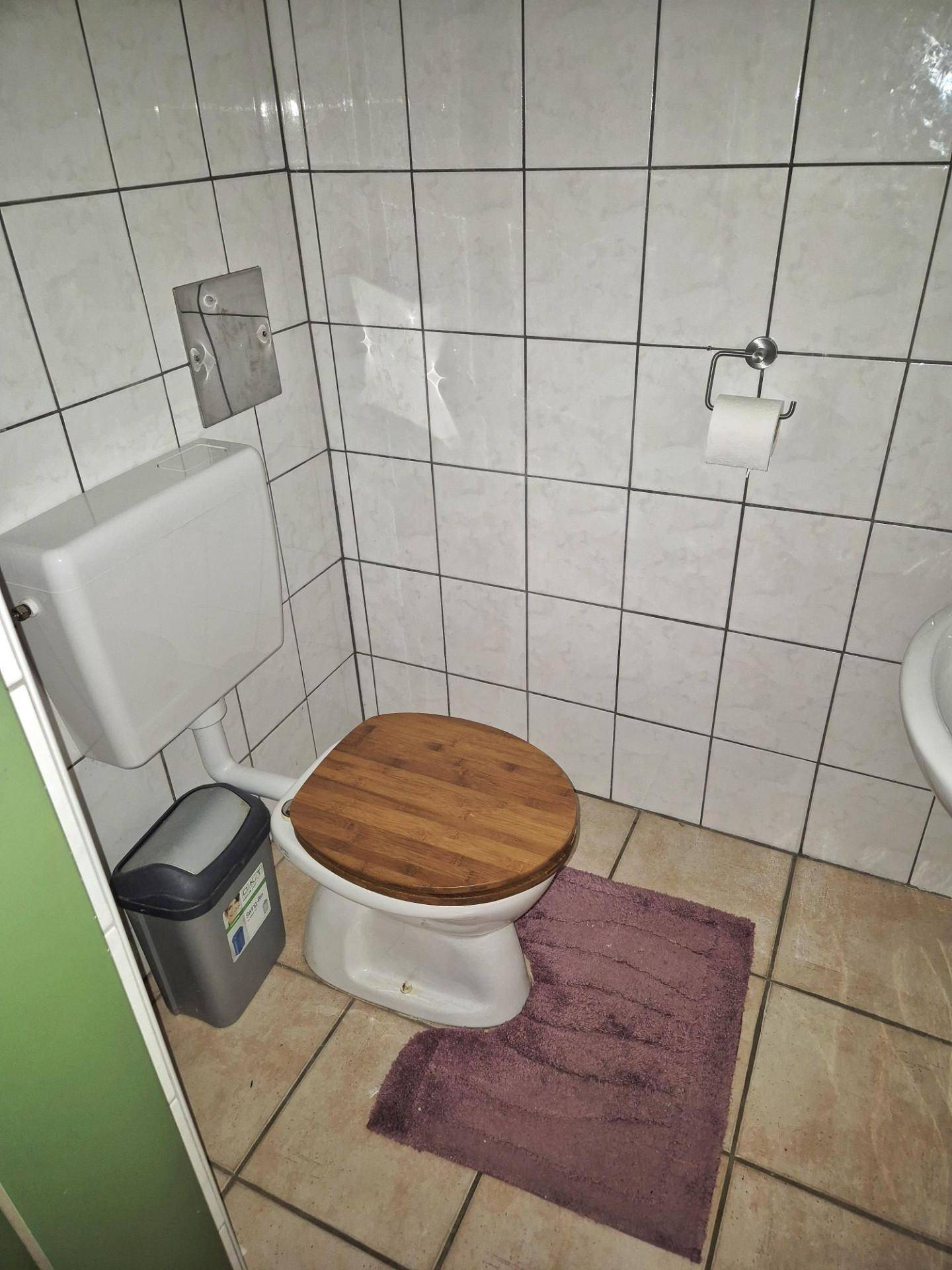 Kleines WC mit Fliesenboden und Holz-Toilettensitz, einfach ausgestattet.