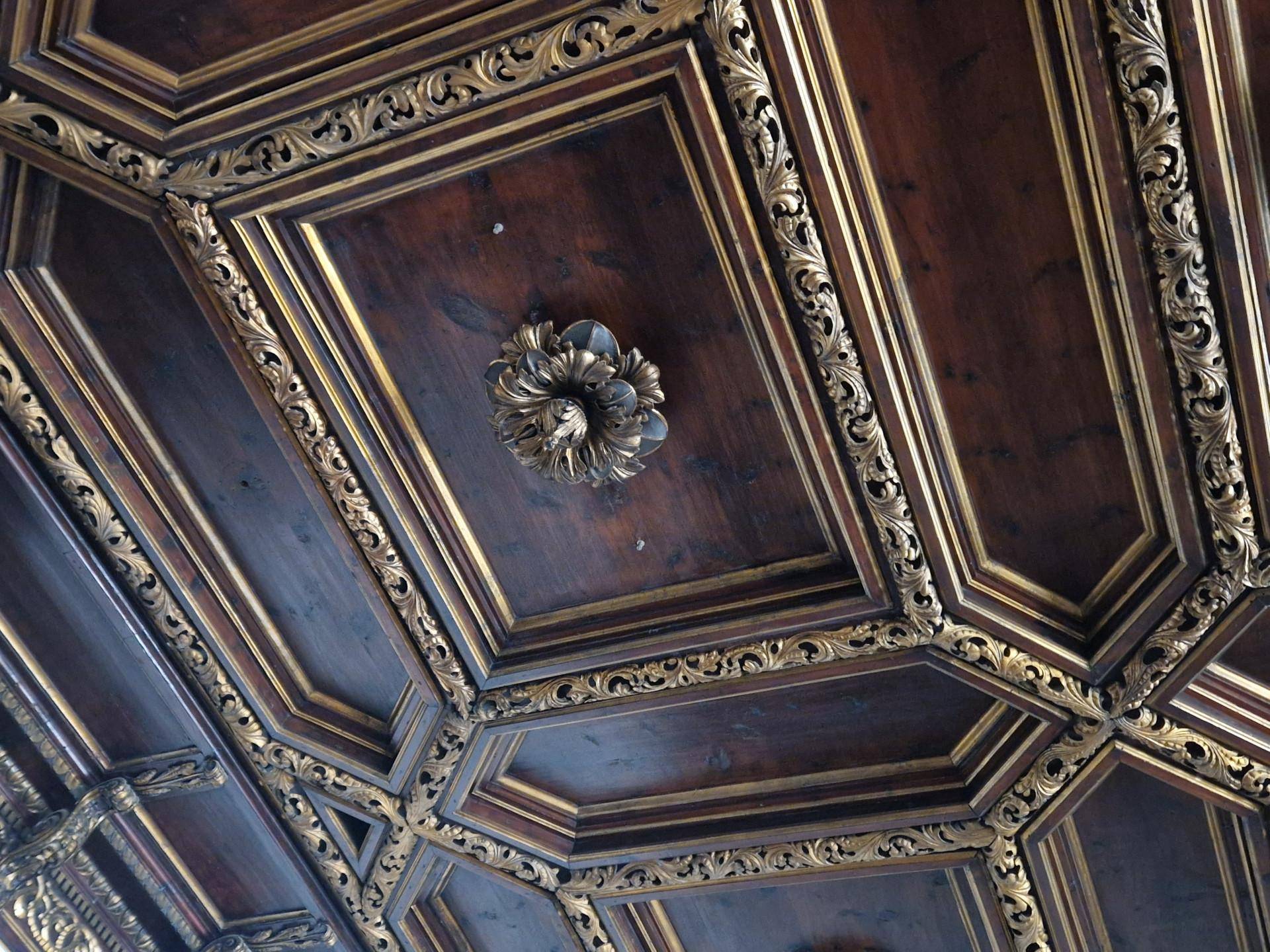 Nahaufnahme einer kunstvoll geschnitzten Kassettendecke mit goldenen Verzierungen.
