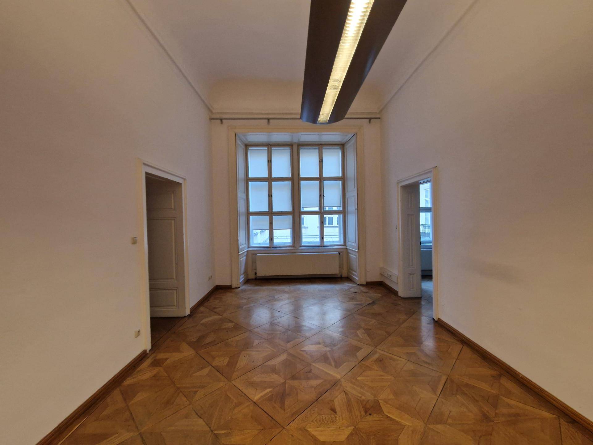 Geräumiger Raum mit Holzboden, hohen Decken und einem großen Fenster.