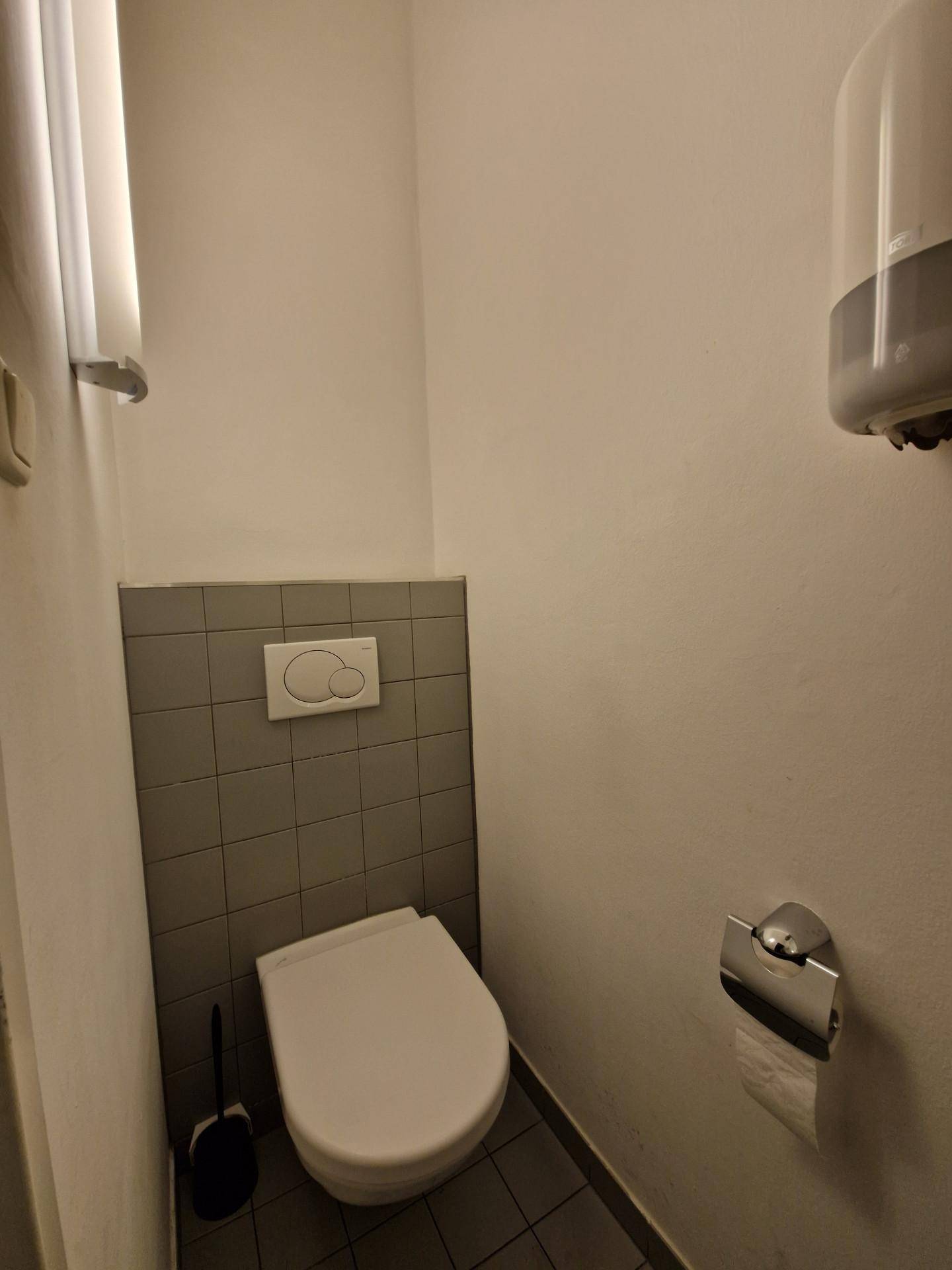 Kleine Gästetoilette mit Wand-WC und grauen Fliesen.