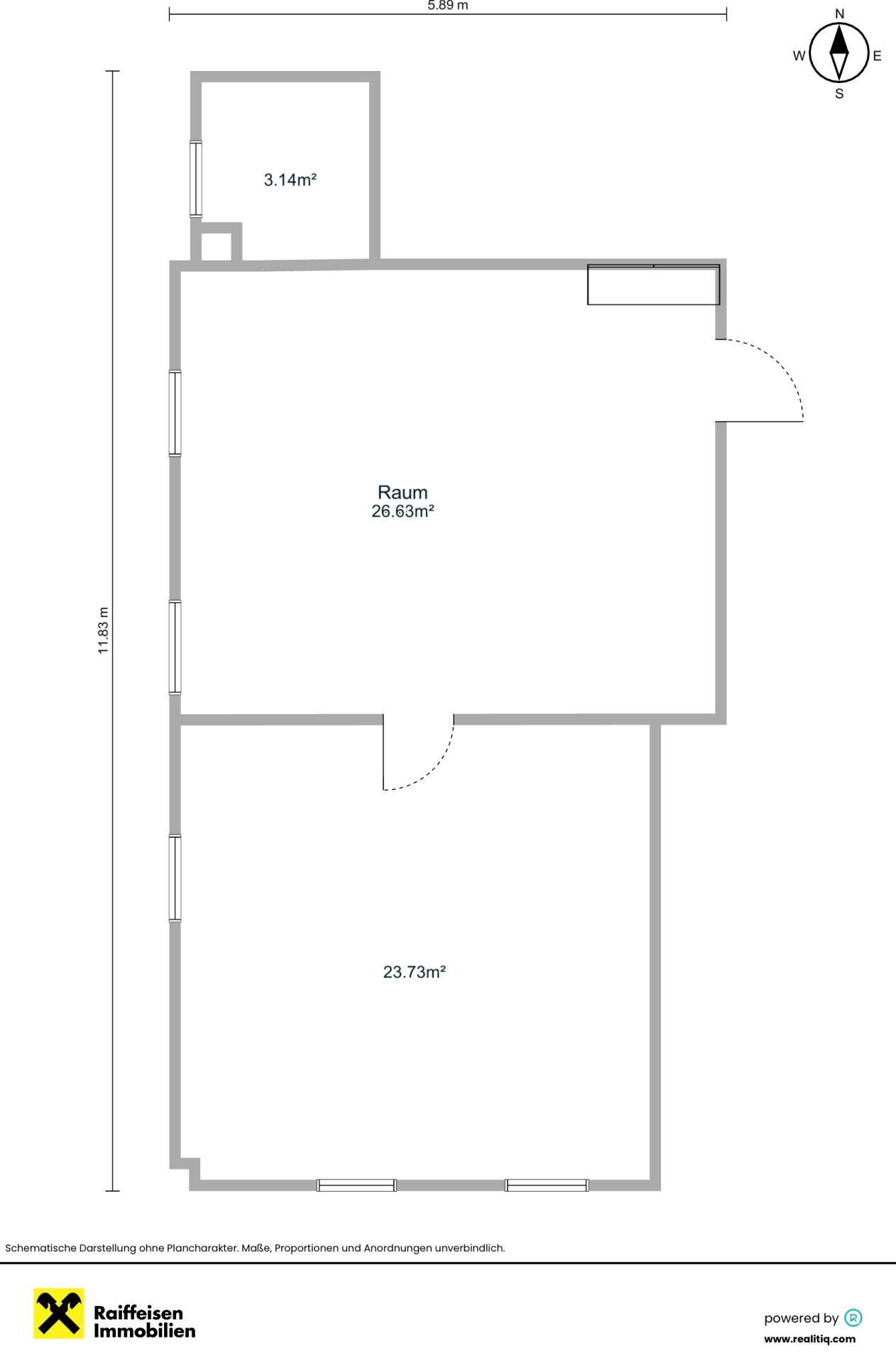 Grundrissplan mit zwei großen Räumen und einem kleineren Bereich, der die Raumaufteilung darstellt.
