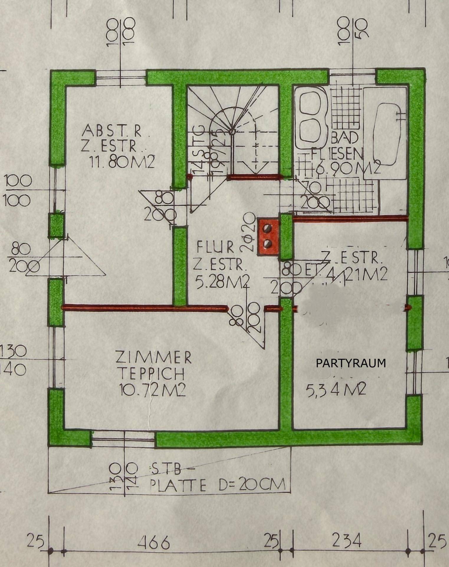 Grundriss des Obergeschosses mit Bad, Abstellraum und zwei weiteren Zimmern.
