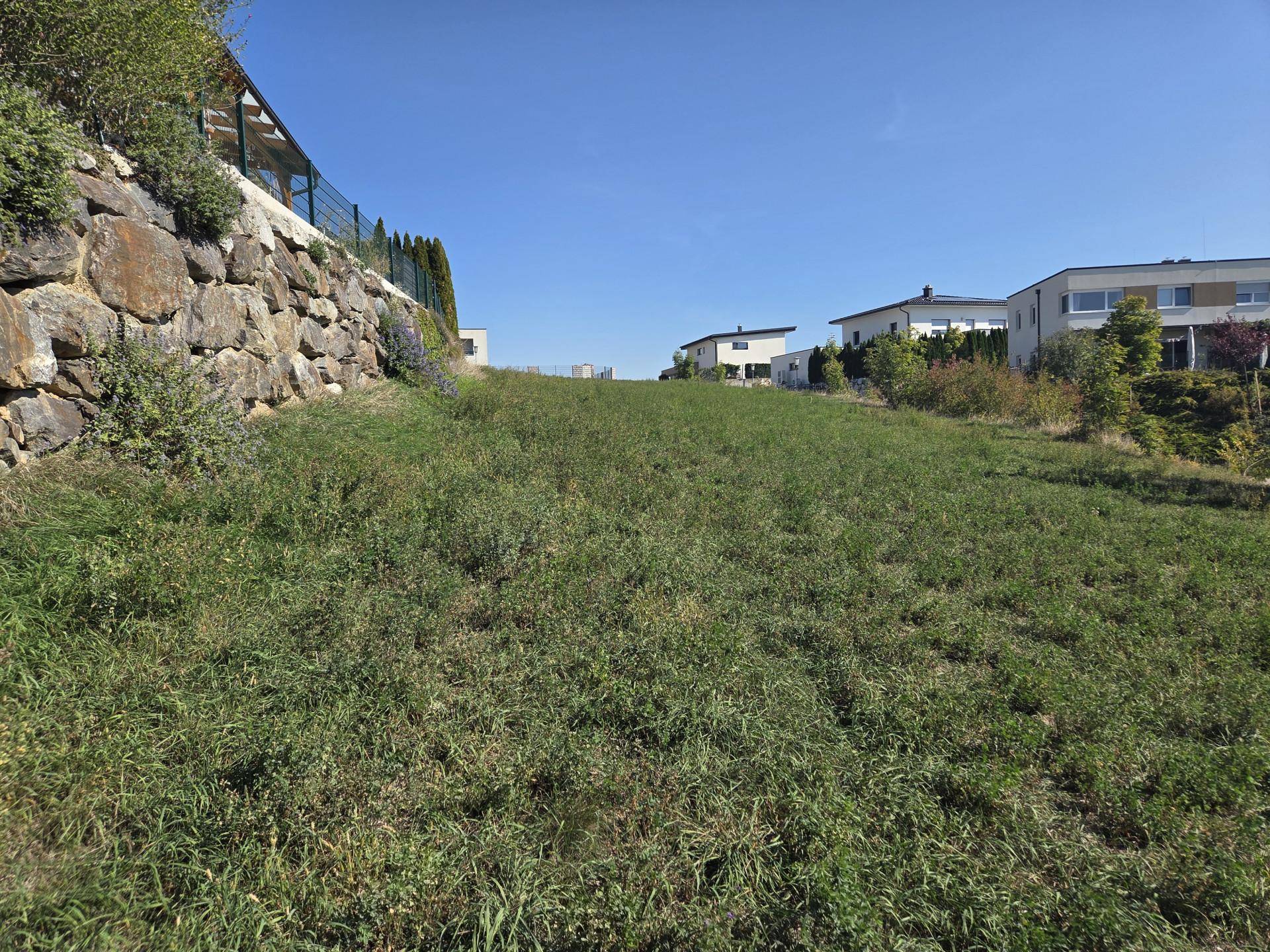 Weitläufiges grünes Grundstück mit Hanglage und Blick auf umliegende moderne Wohnhäuser.