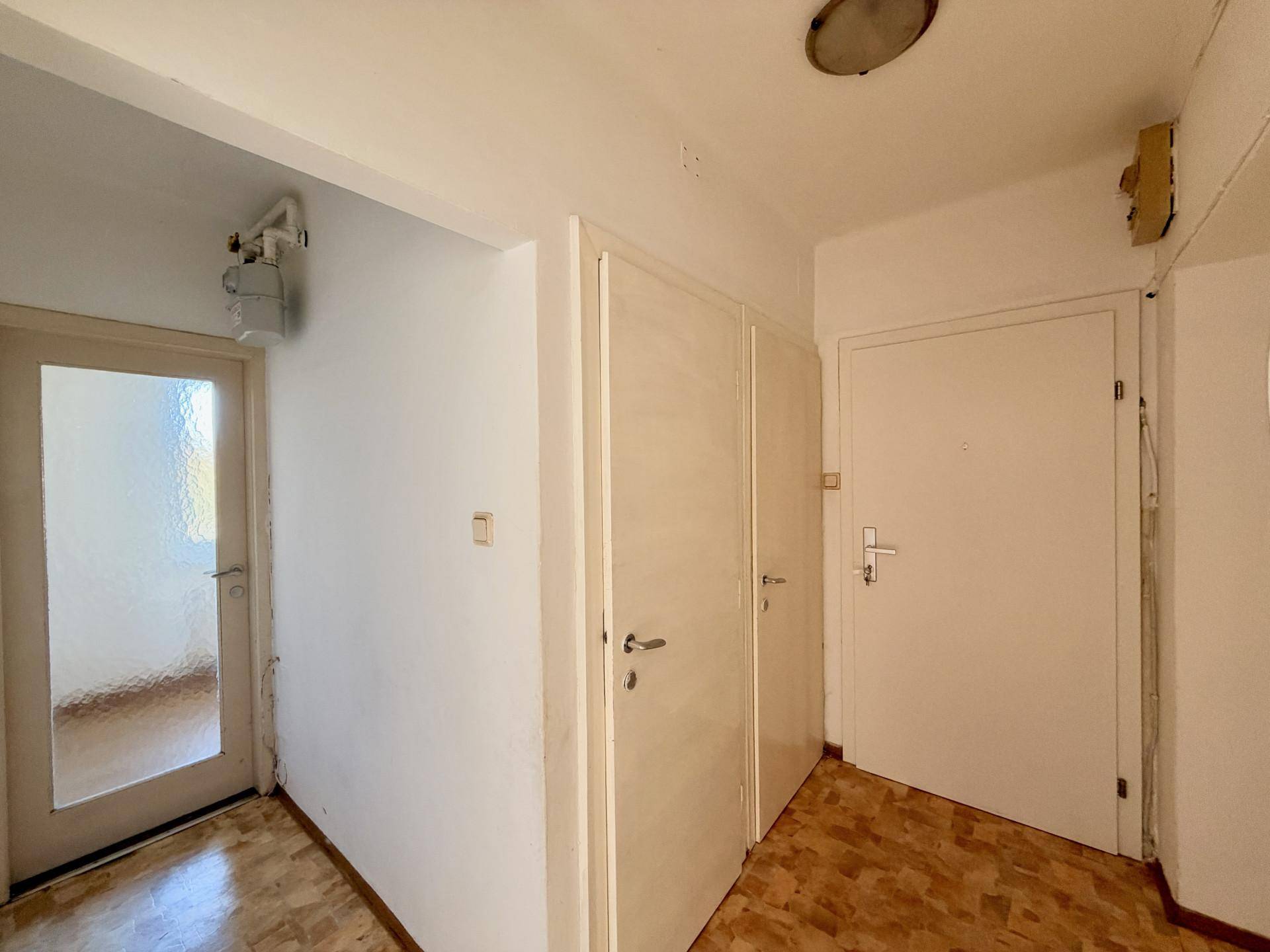 Eingangsbereich mit mehreren Türen, Laminatboden und einem Fenster mit Milchglas.
